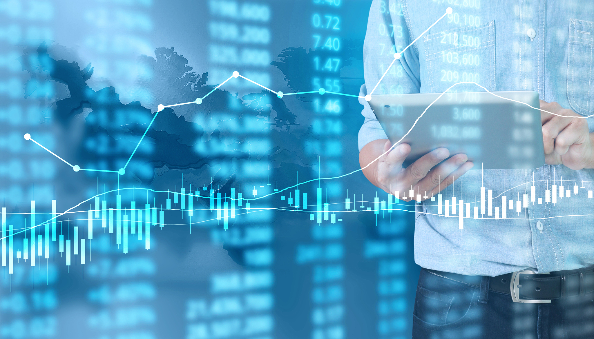 hand with stock financial chart symbols coming from hand