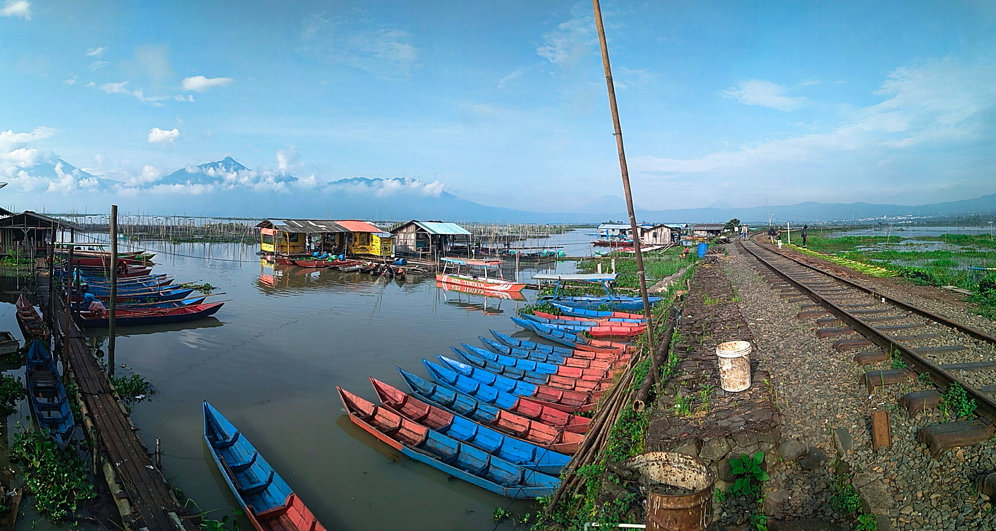 high angle view of fishing boats moored on lake