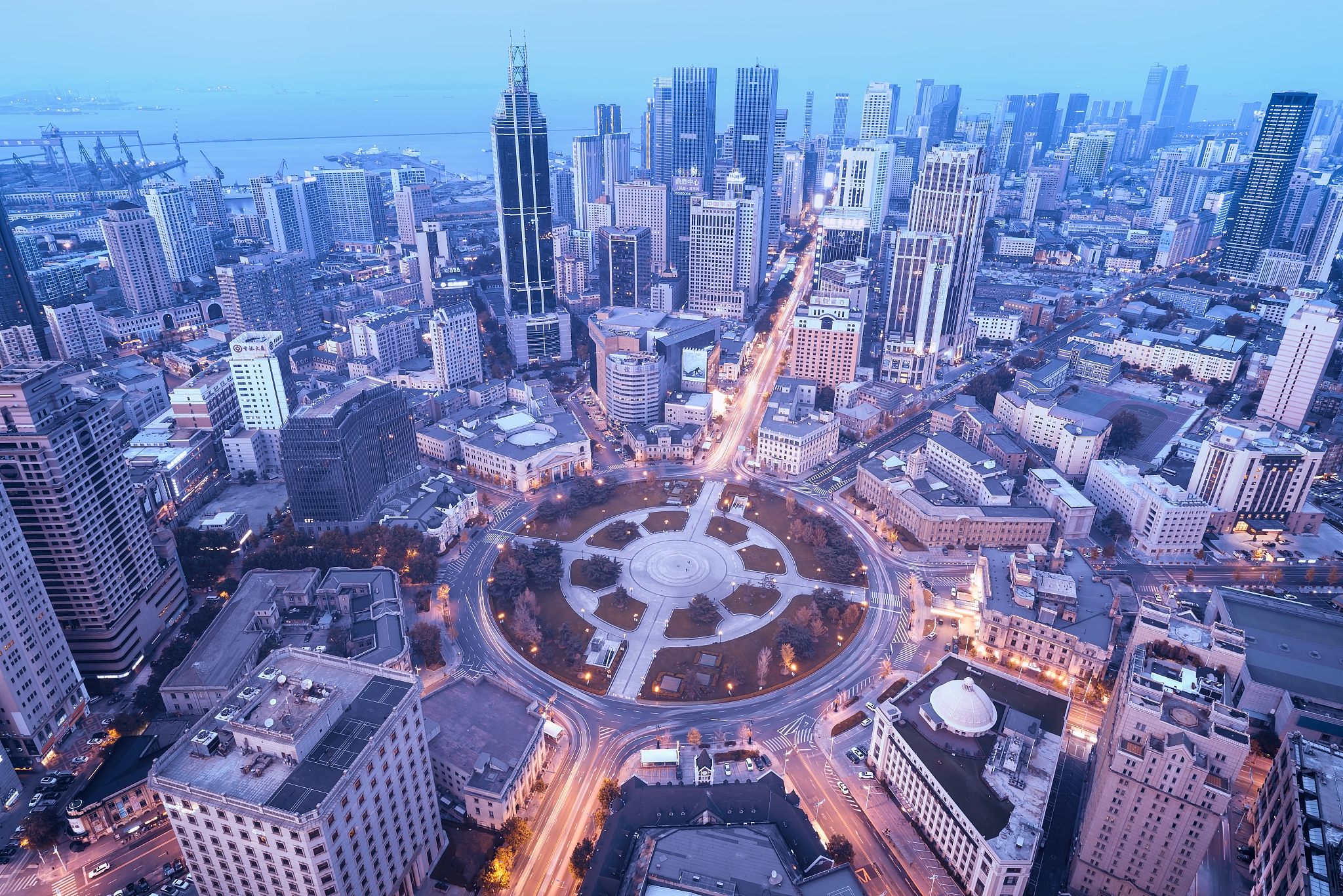 dalian, zhongshan square and surrounding skyline
