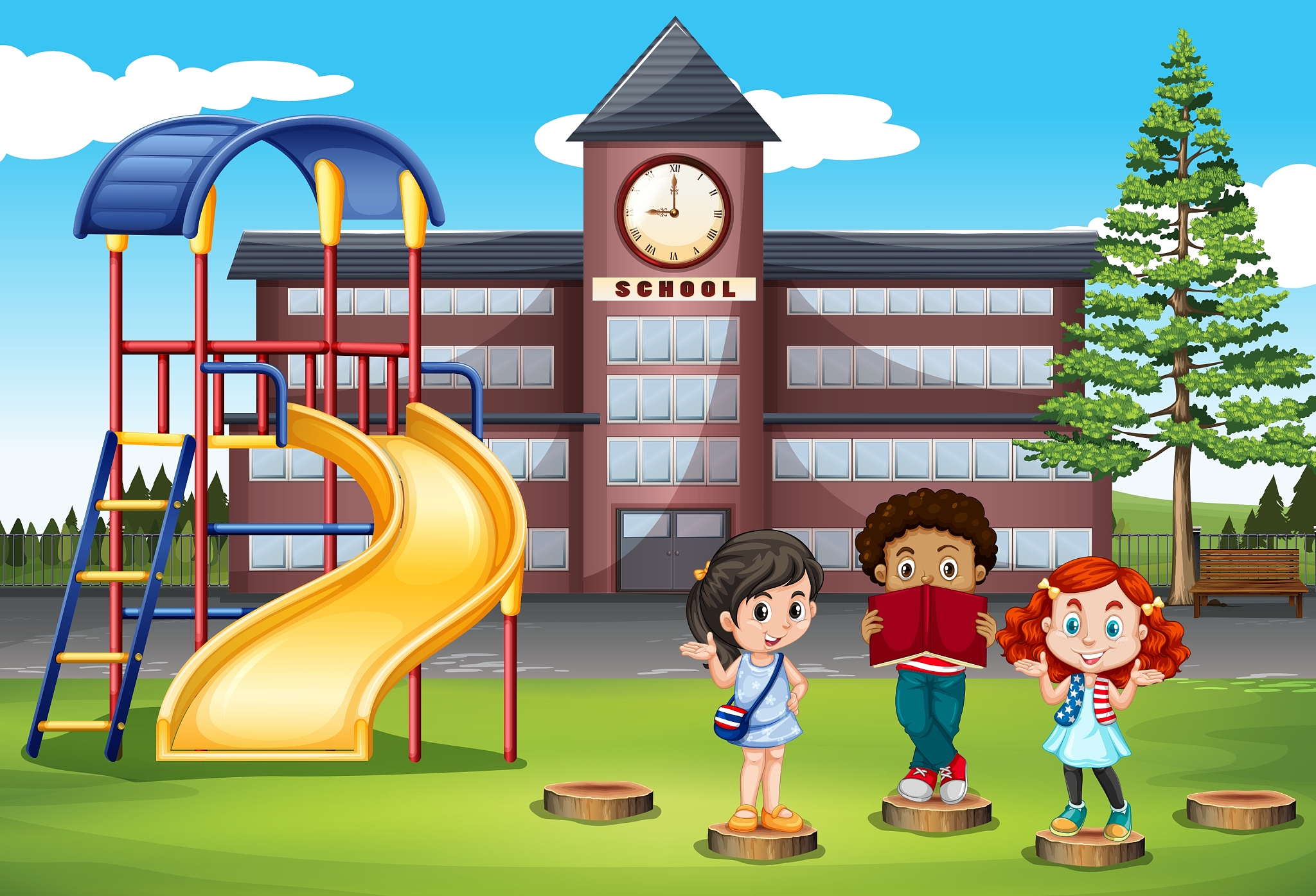 children standing in front of school