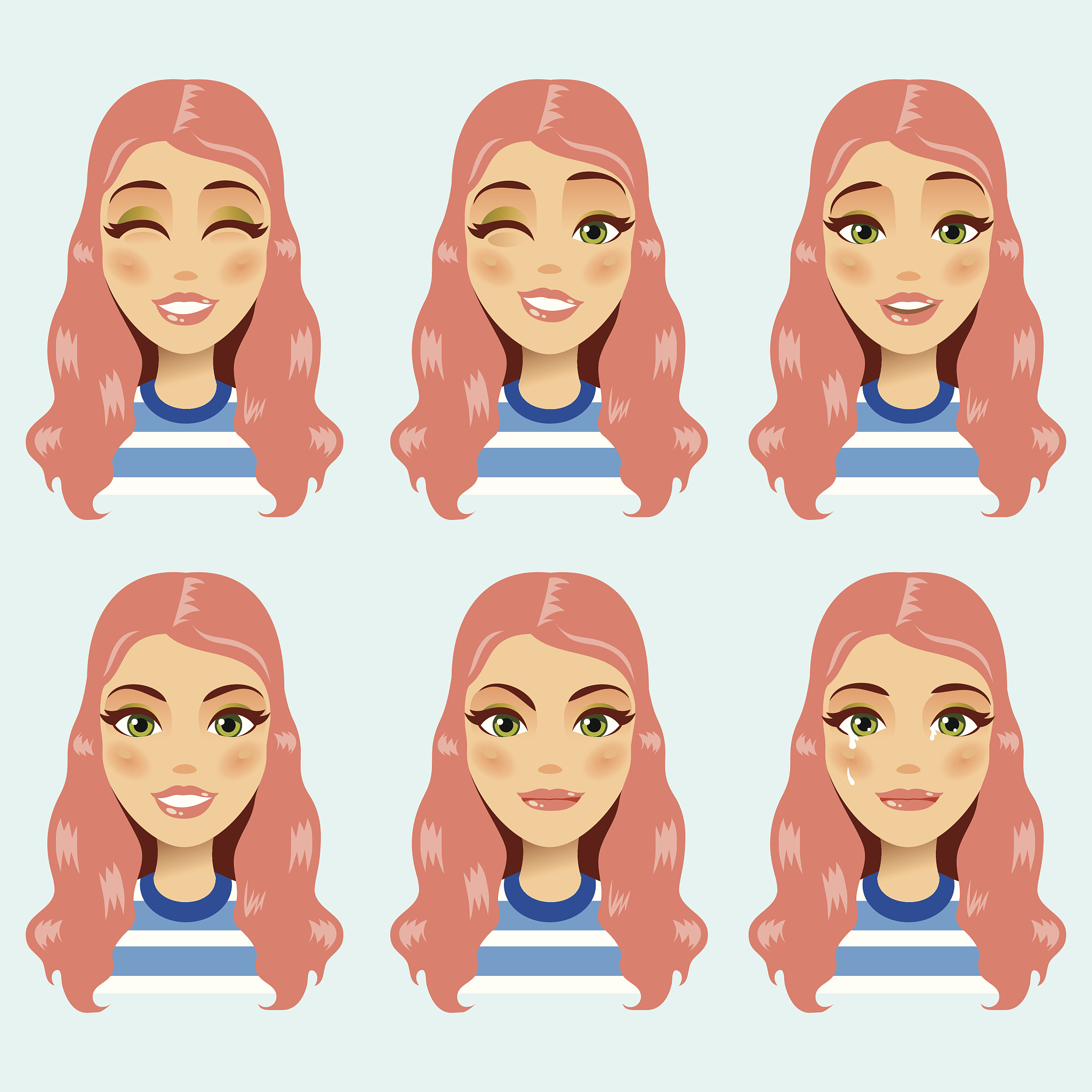 set of six facial expressions of a young woman