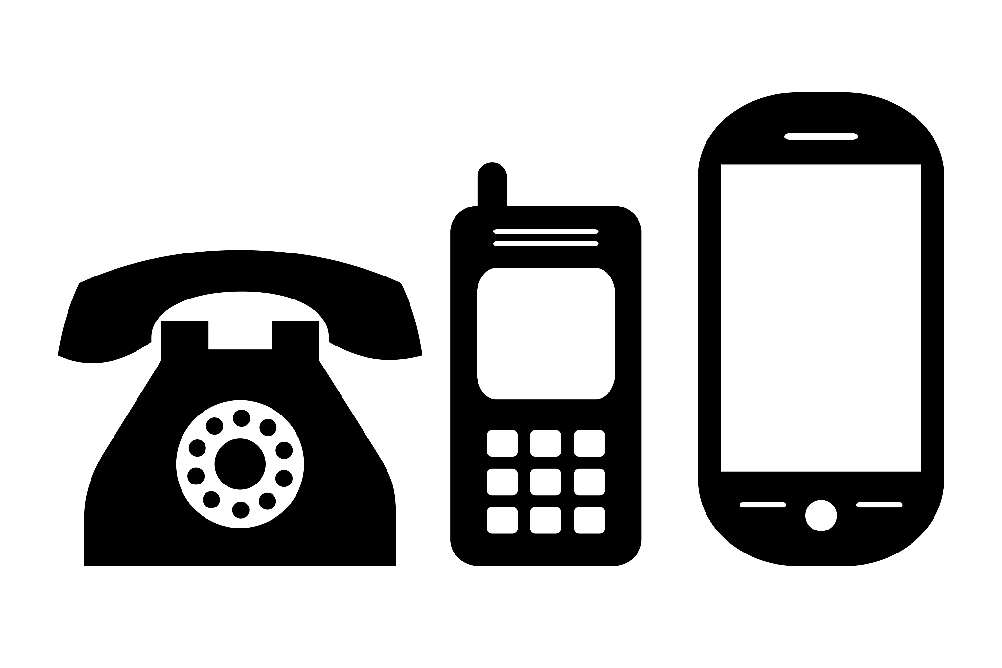 black and white images of phones showing phone evolution