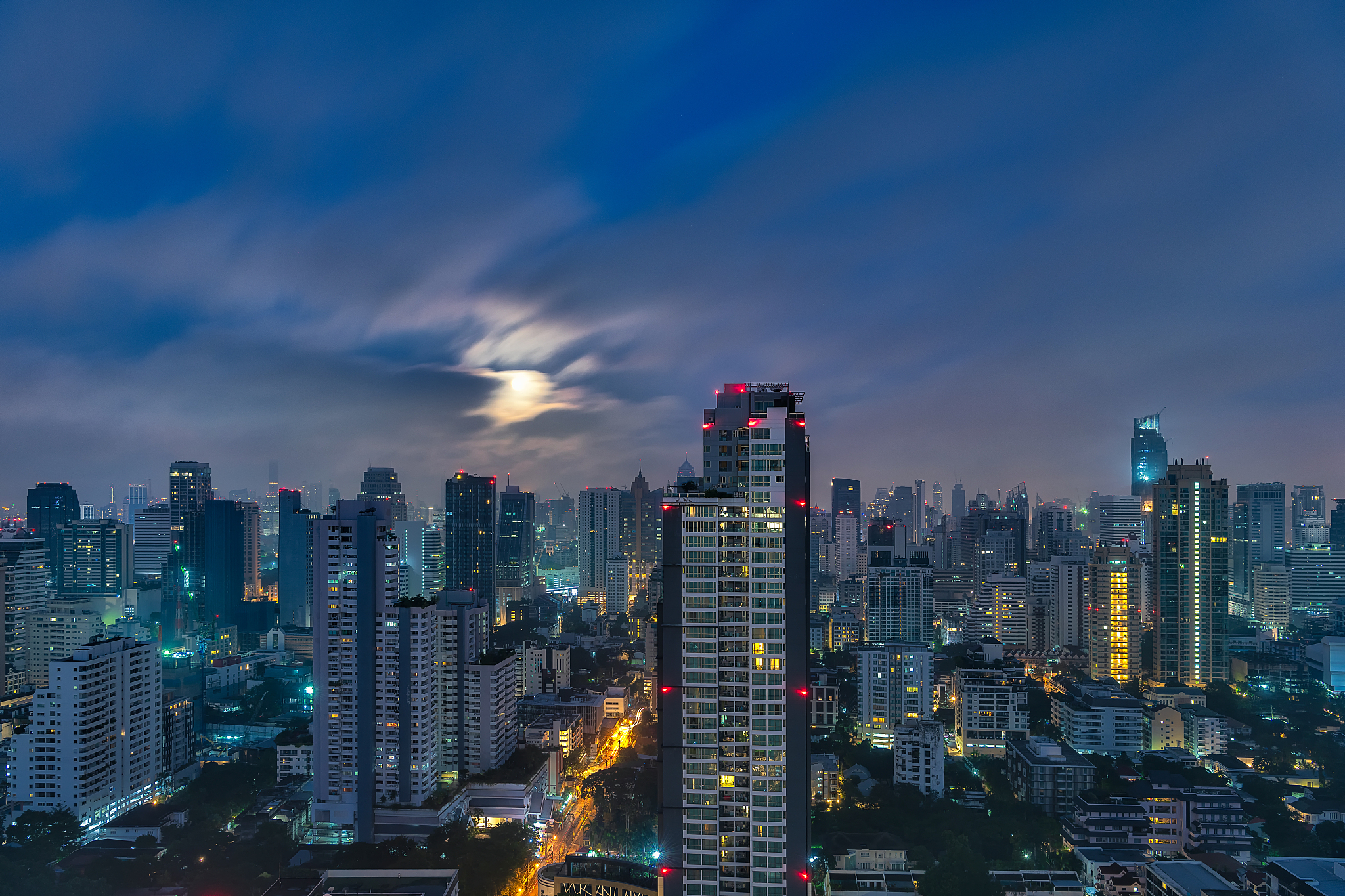 曼谷城市风光夜景高视角