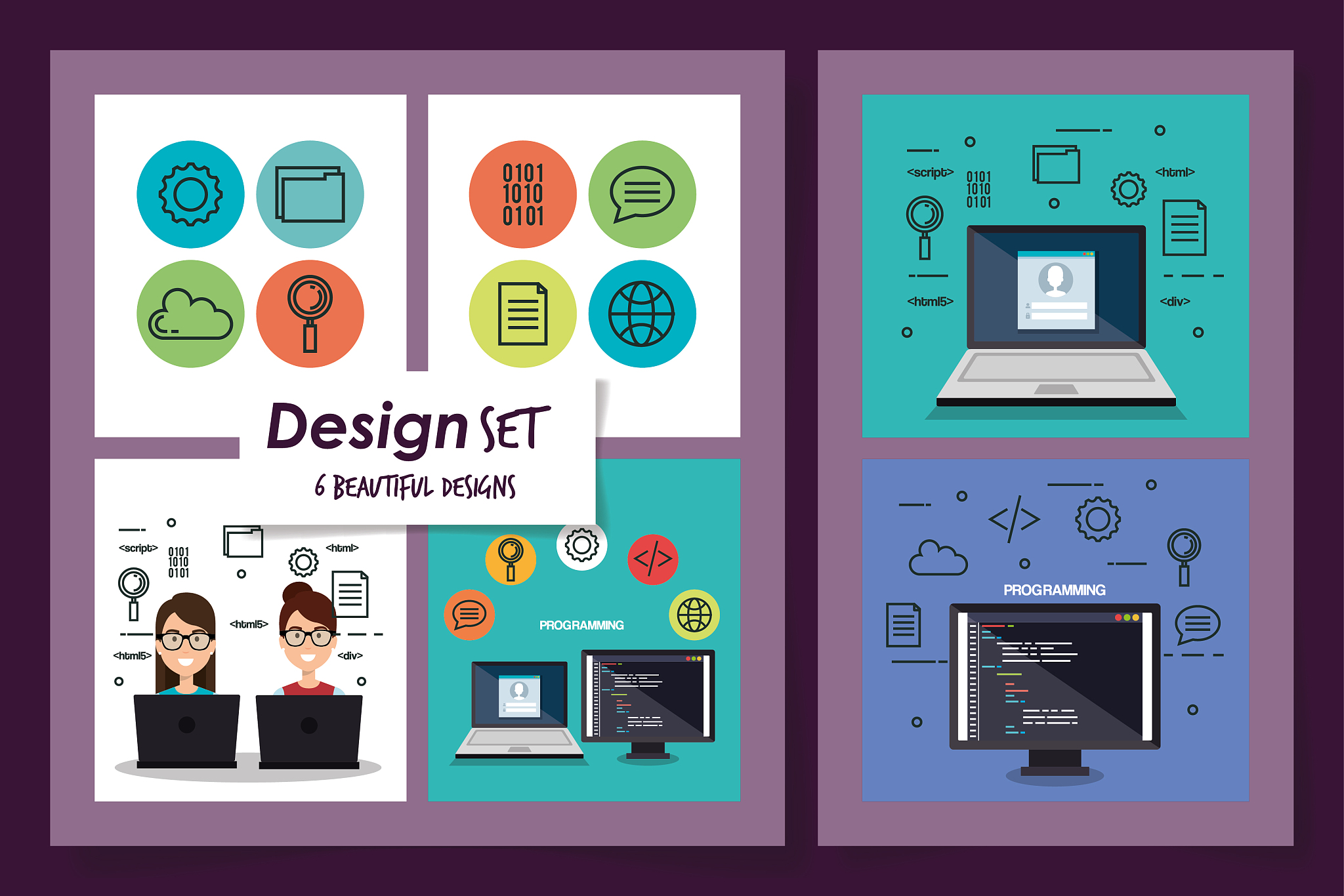 six designs set of programming computer with young people