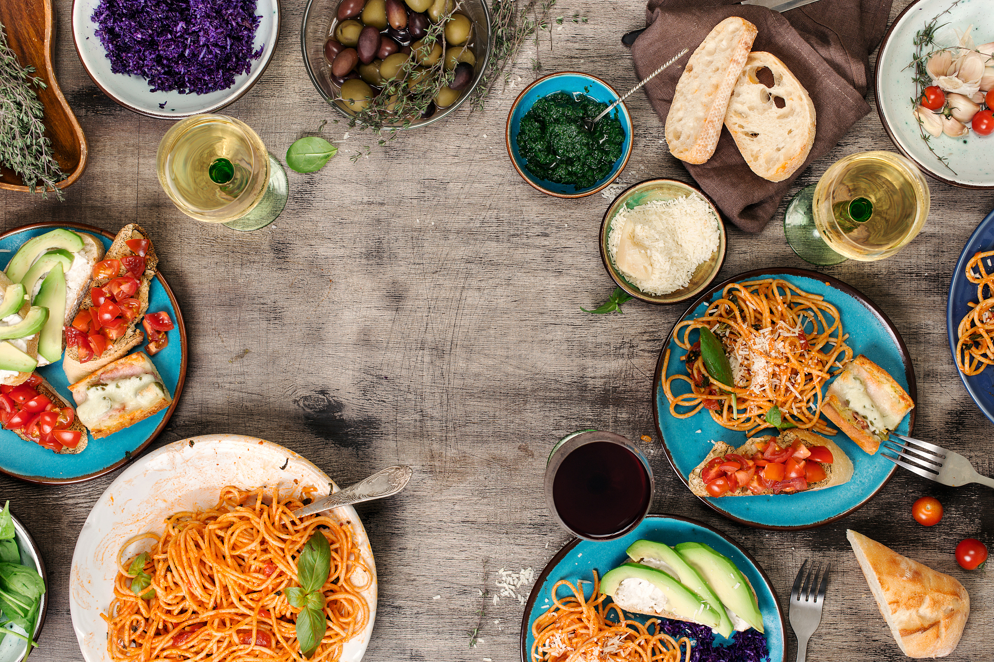 frame from a variety of italian dishes, snacks and wine