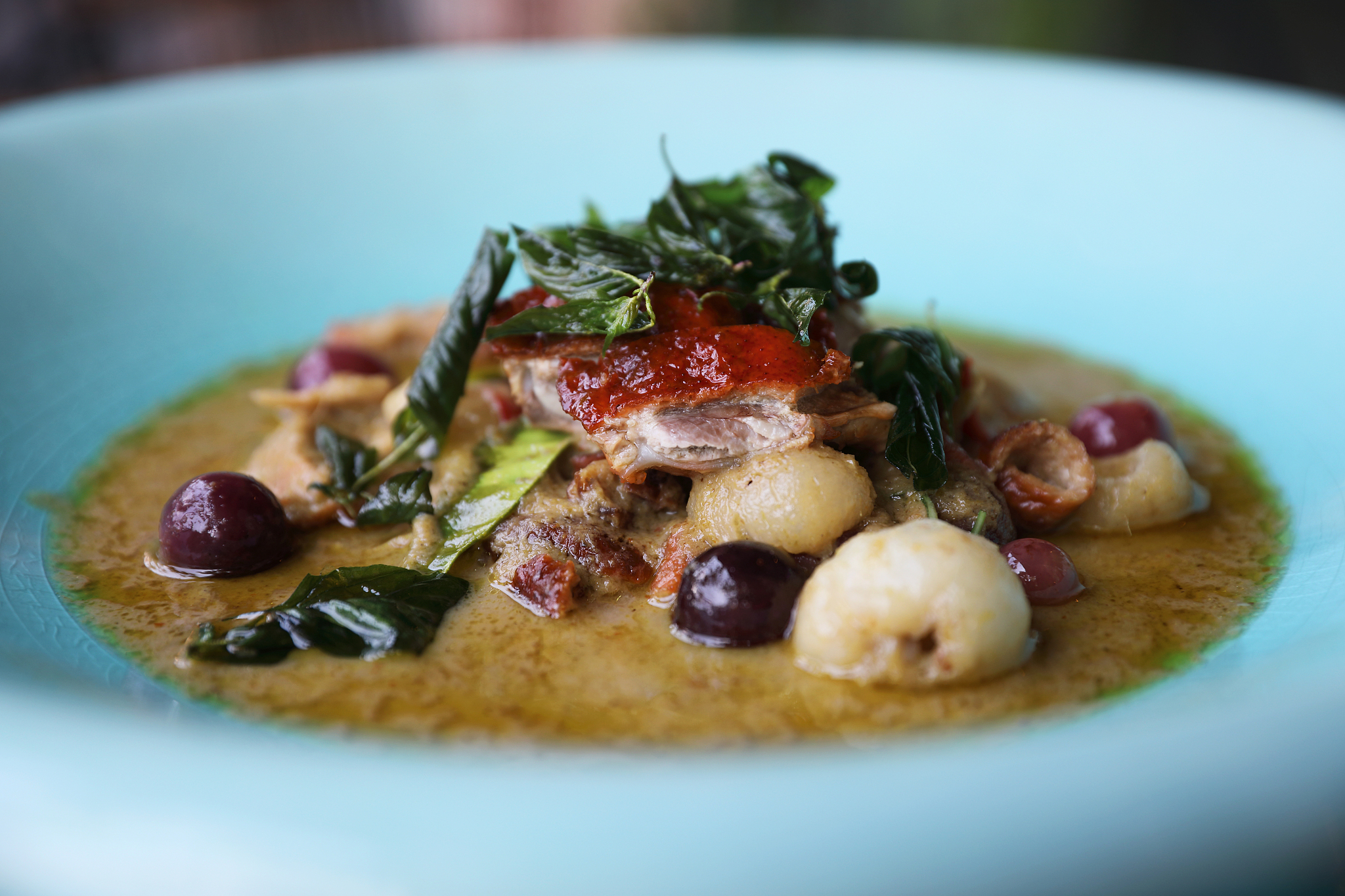green curry with roasted duck , thai food
