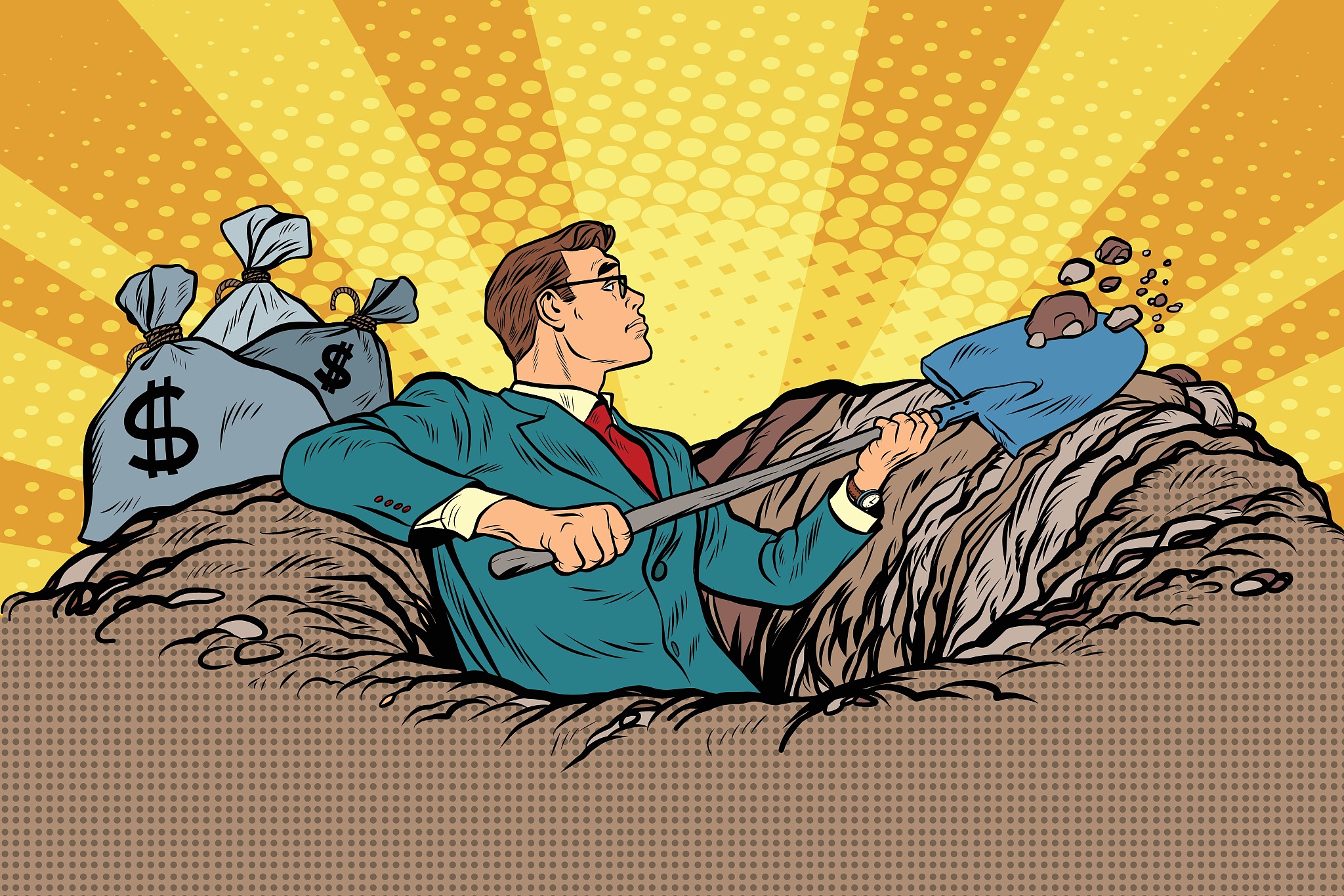 businessman digging, money and treasure