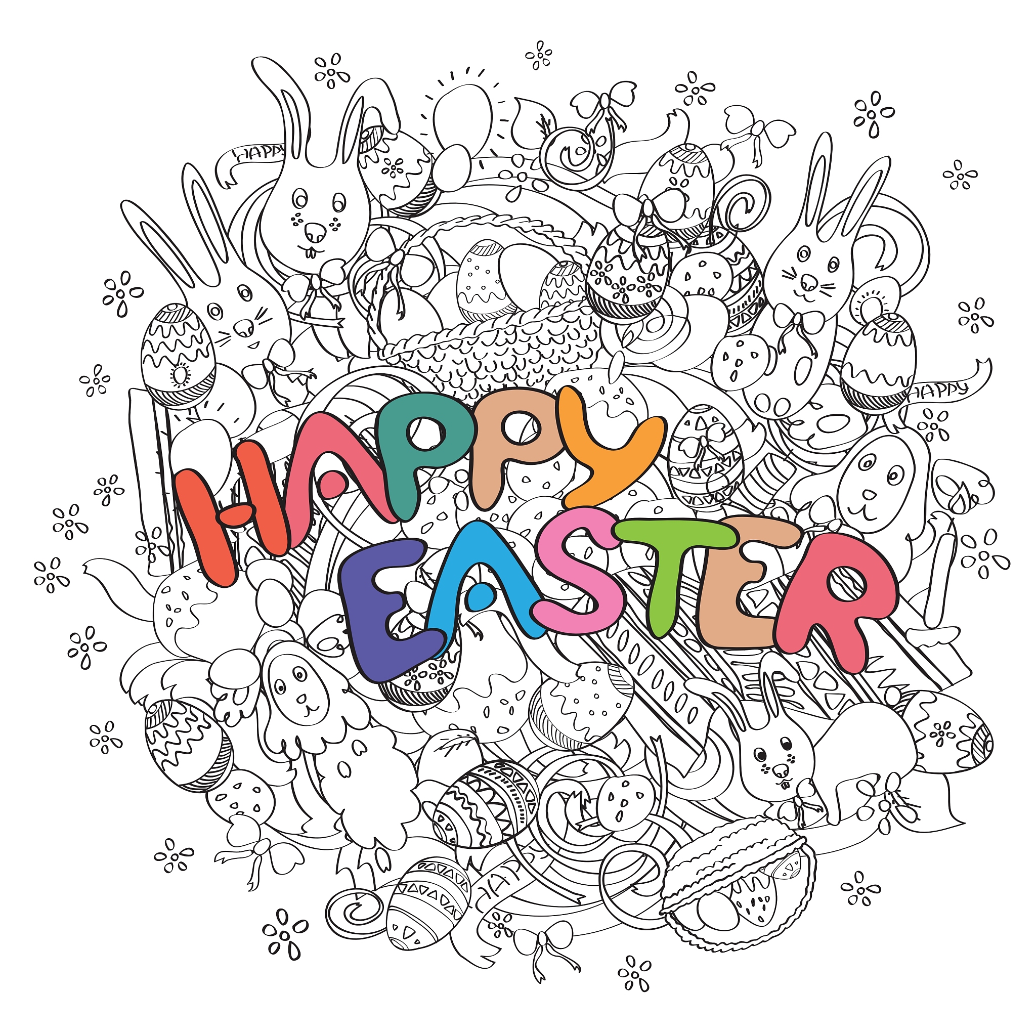 happy easter isolated on black and white doodle