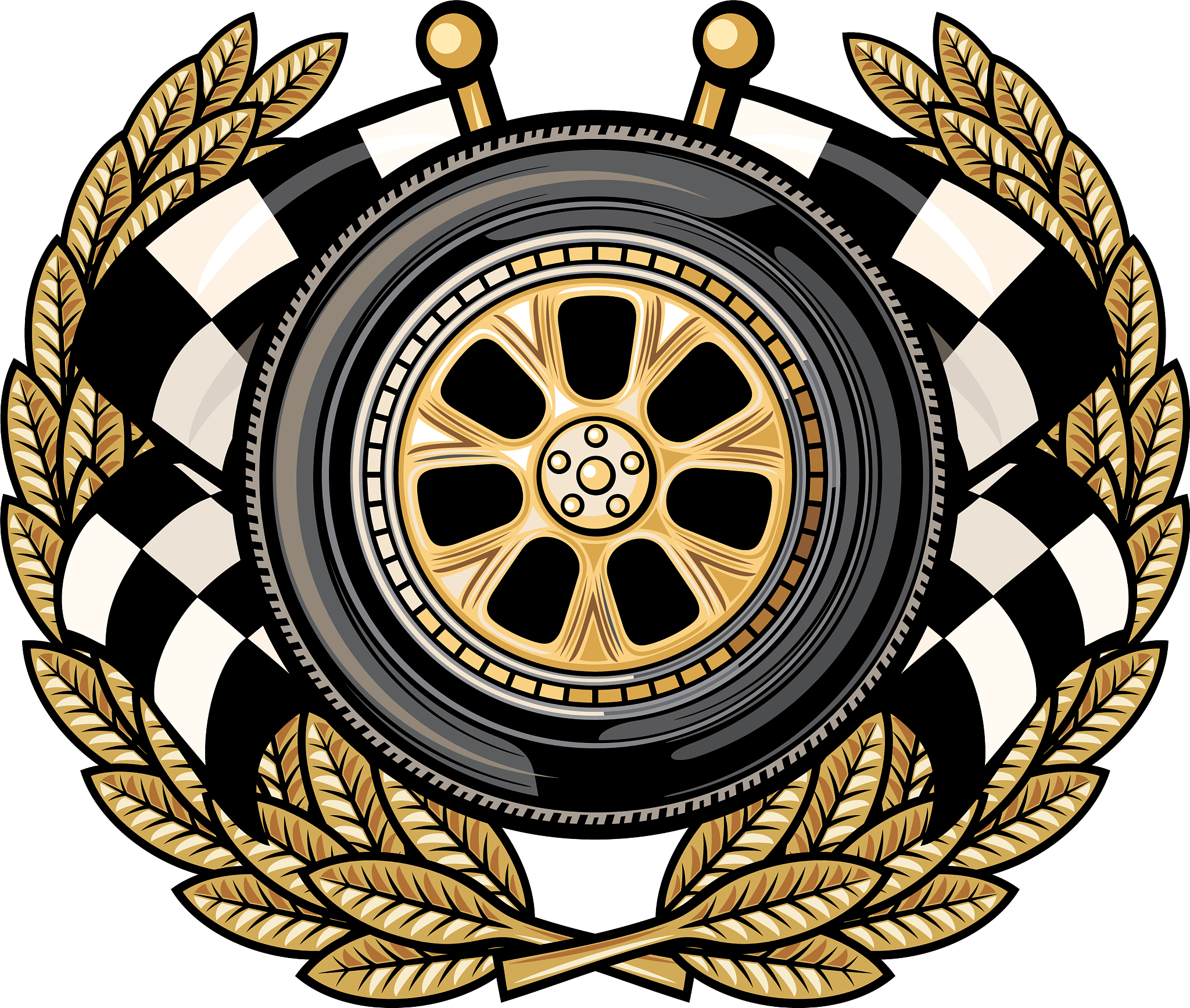 wheel laurel wreath and two crossed flags