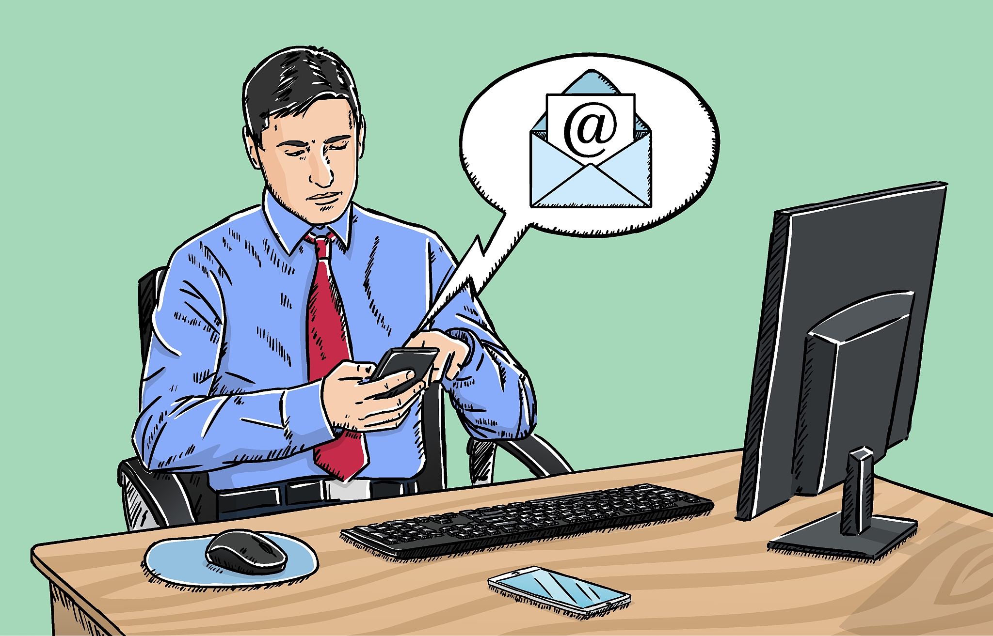 sketch style doodle of businessman receiving email on his mobile