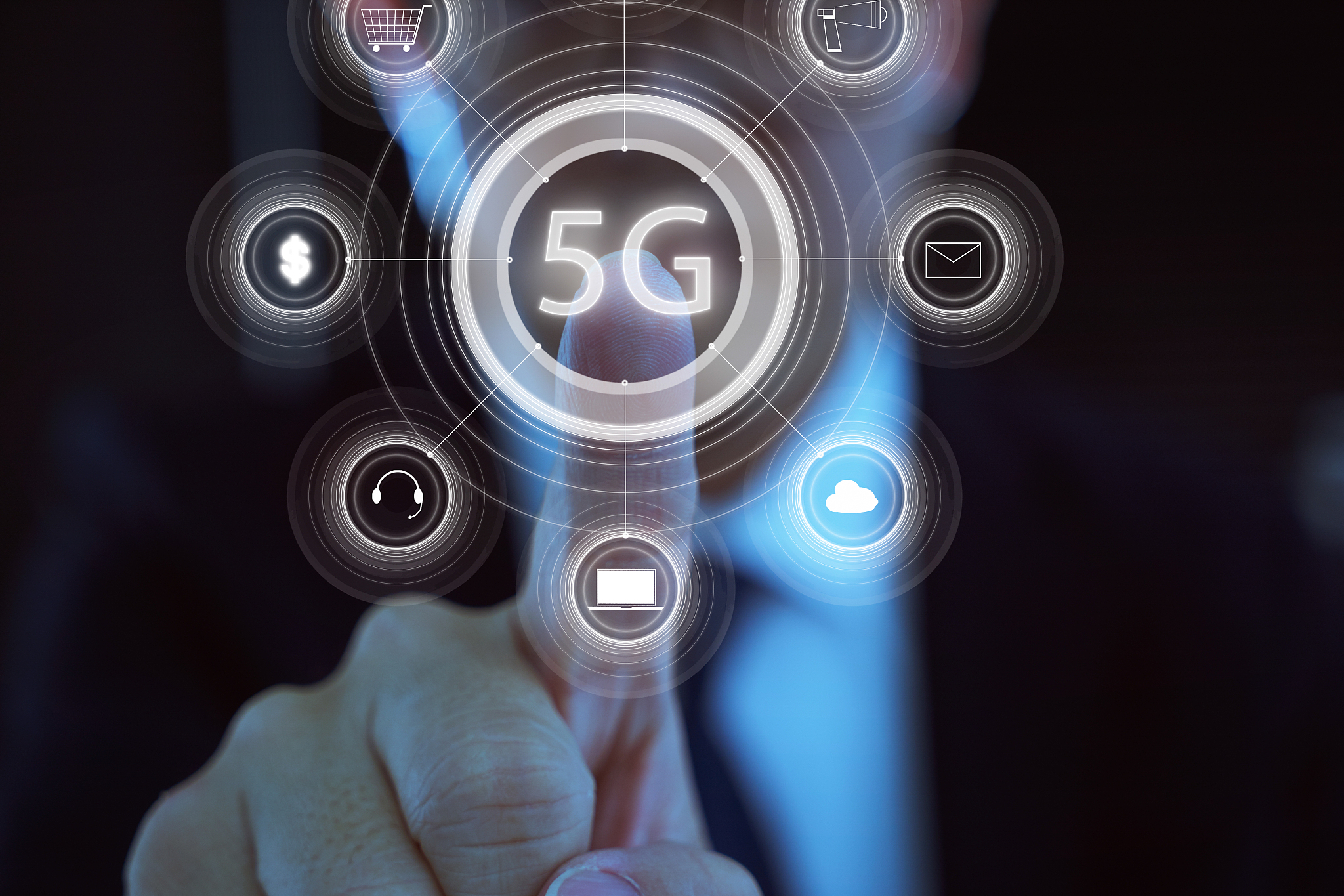 businessman touching internet of things with 5g network wireless