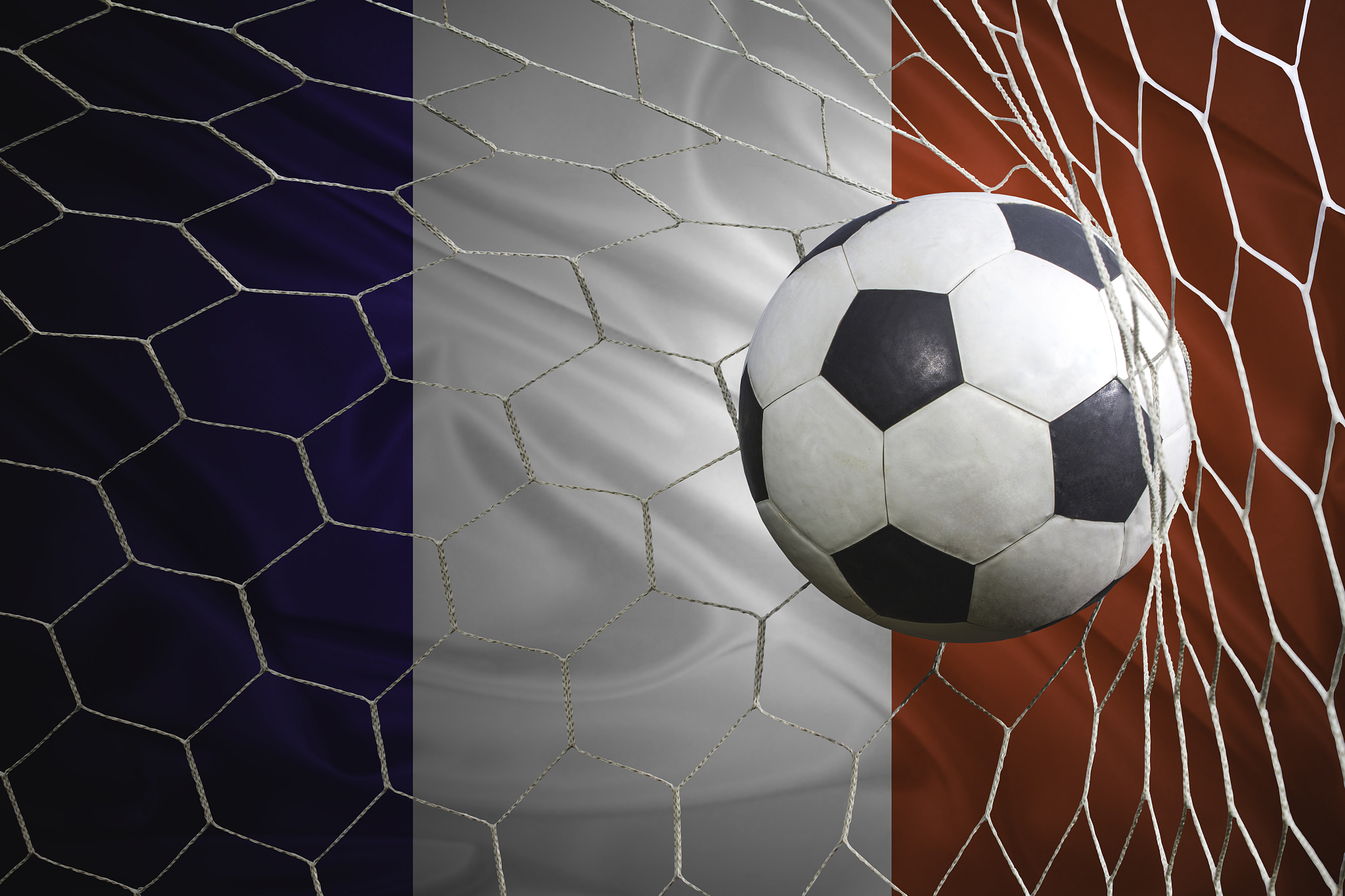 france flag and soccer ball, football in goal net