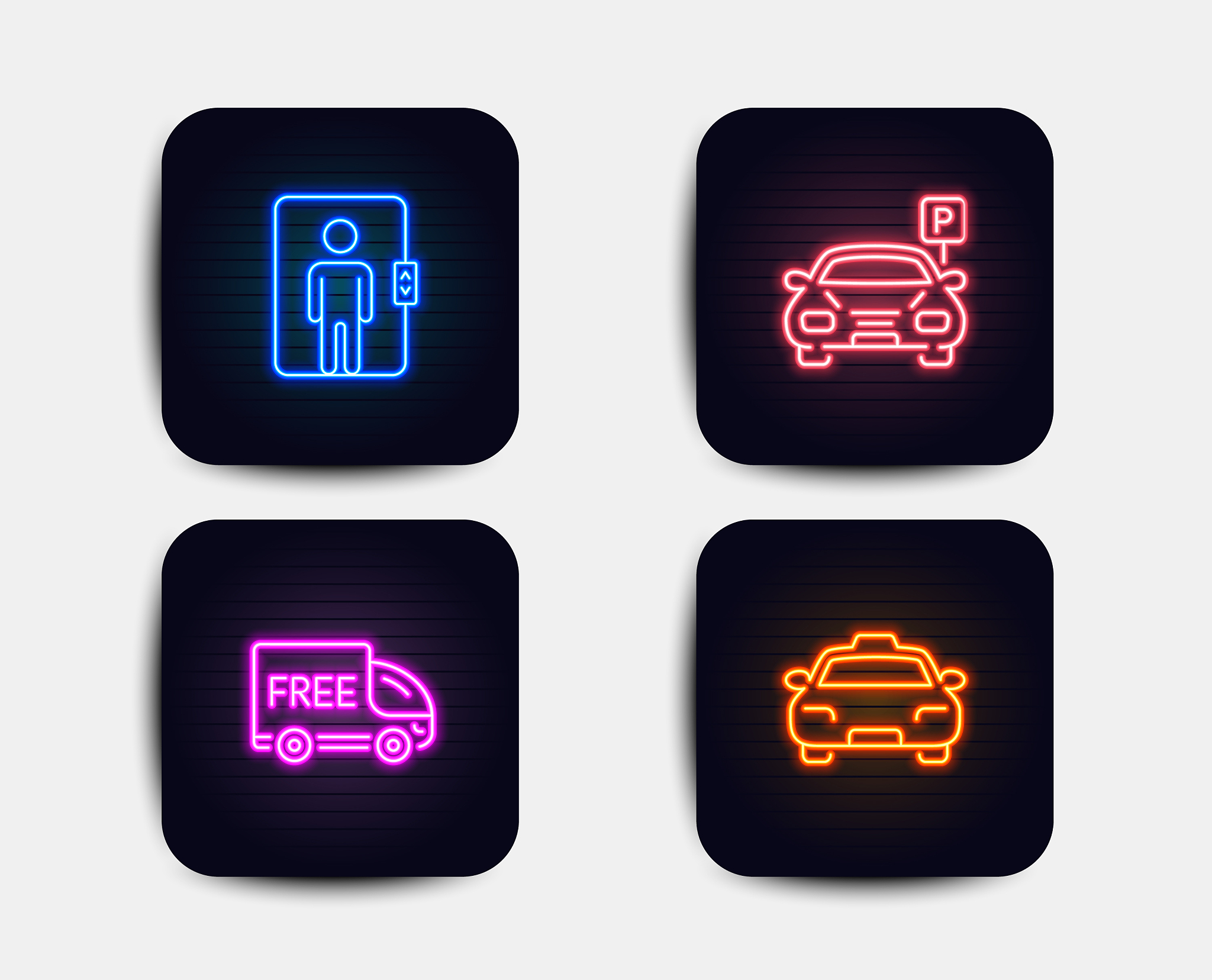 elevator parking and free delivery icons taxi