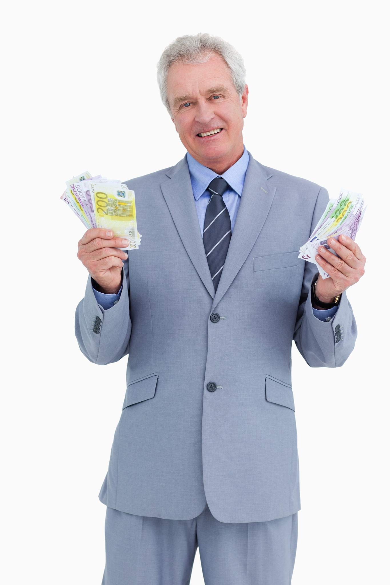 mature tradesman showing his profit against a white background