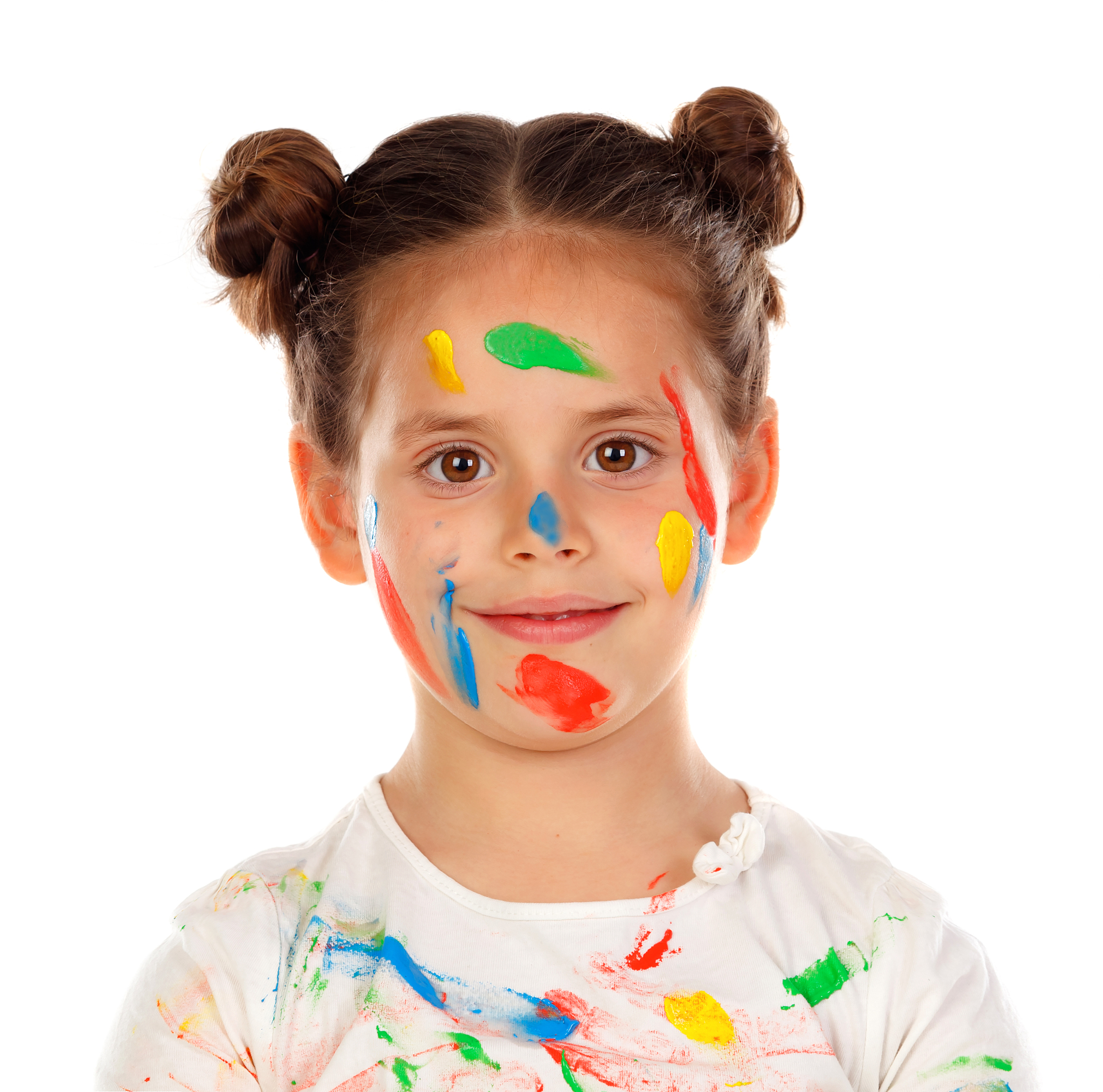 funny girl with hands and face full of paint