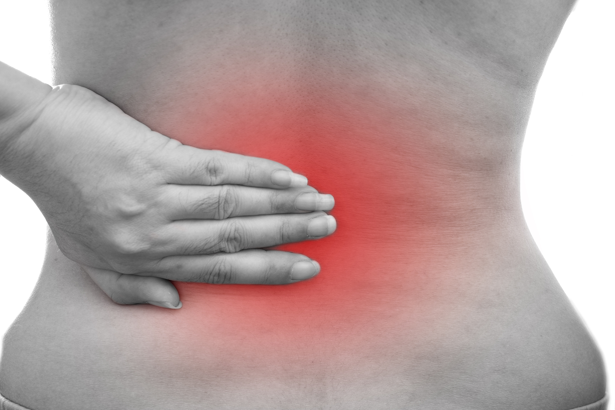 young asian woman with back pain at white background, health pro