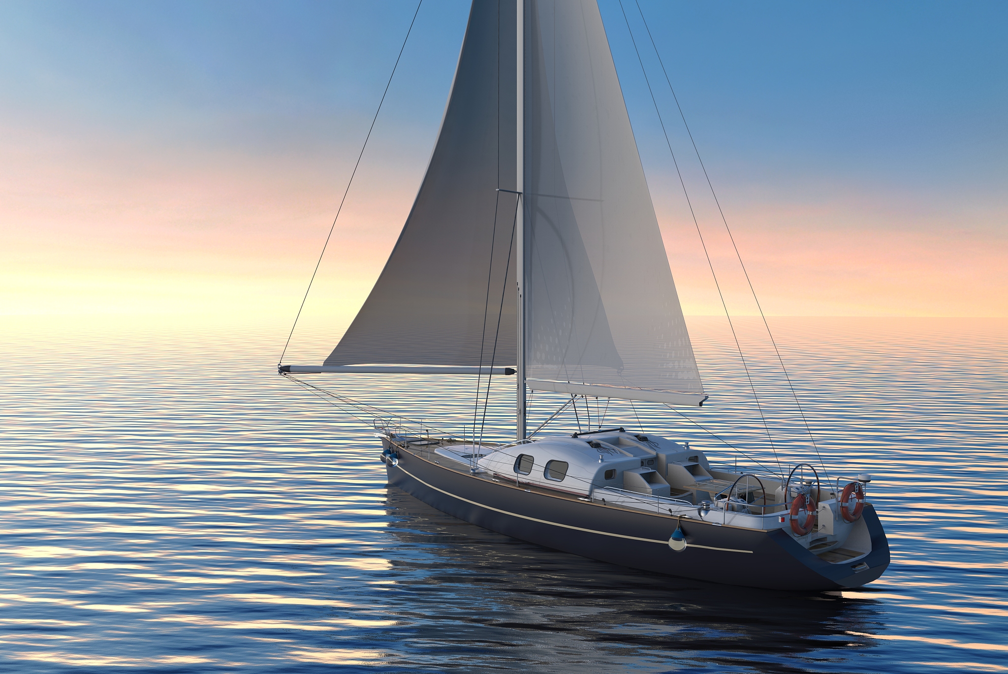 sailing on sea and sunset 3d illustration