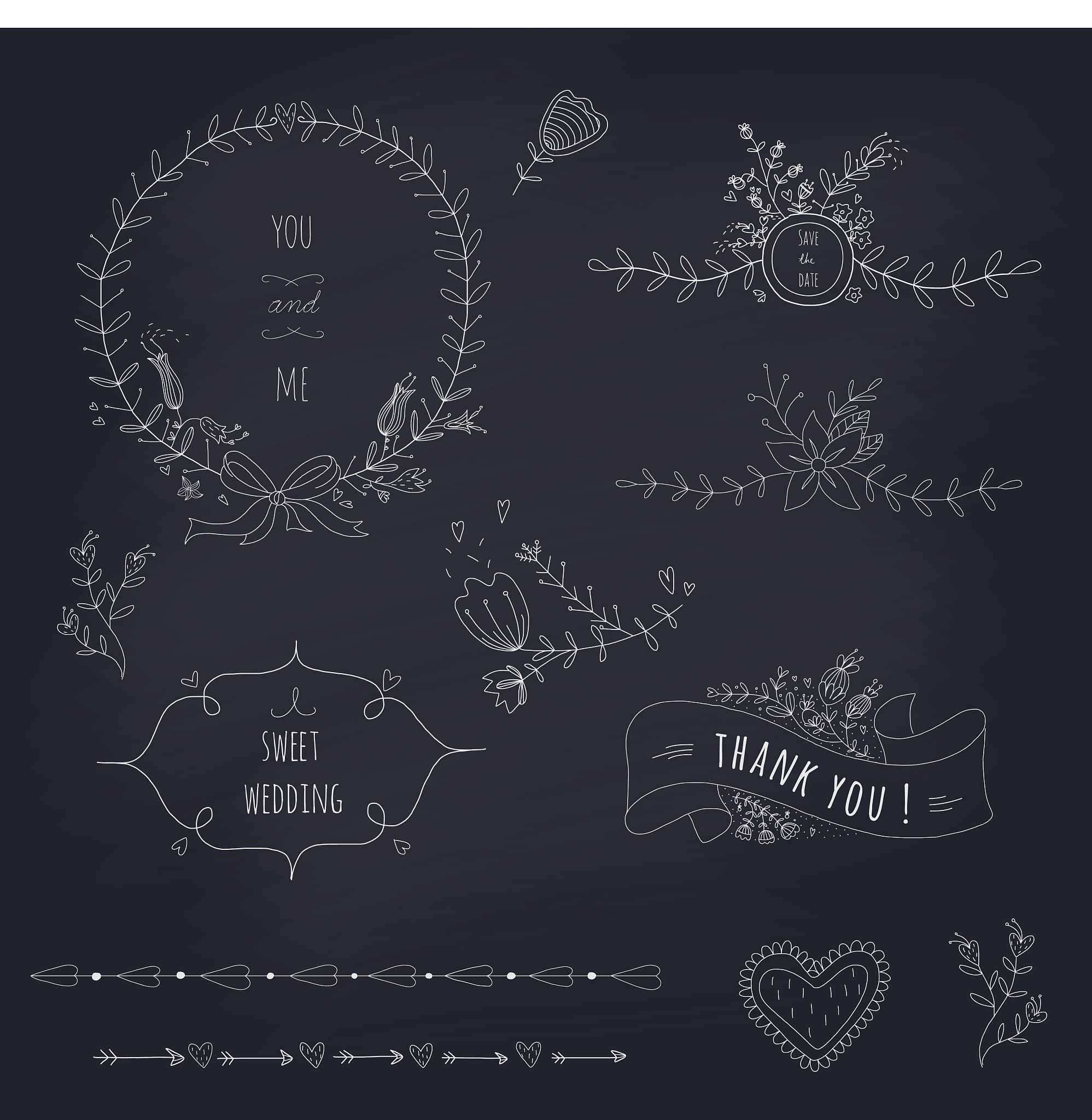 hand drawn set of wedding wreath and ribbons
