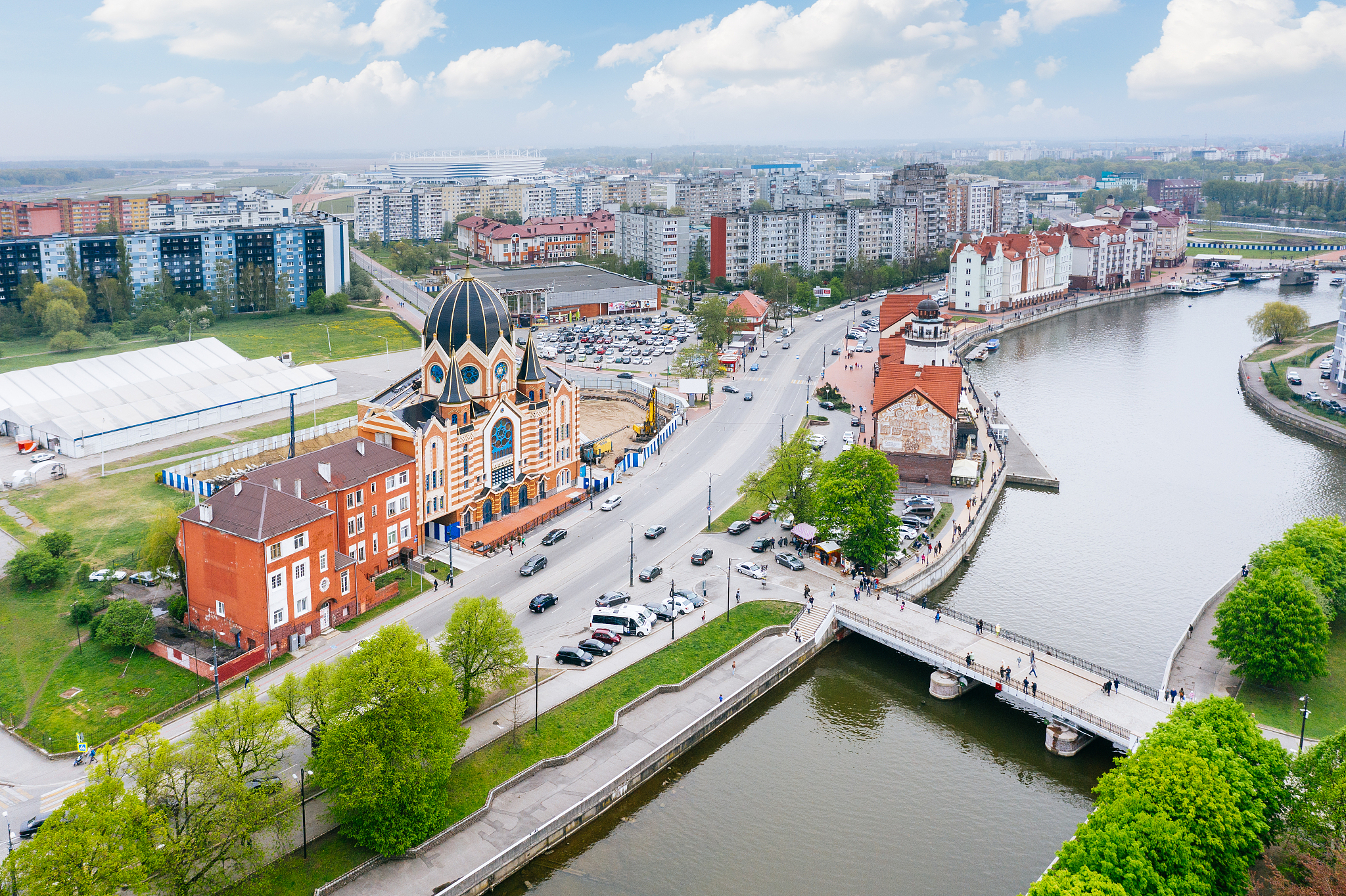 fishing village in kaliningrad. aerial drone shot.