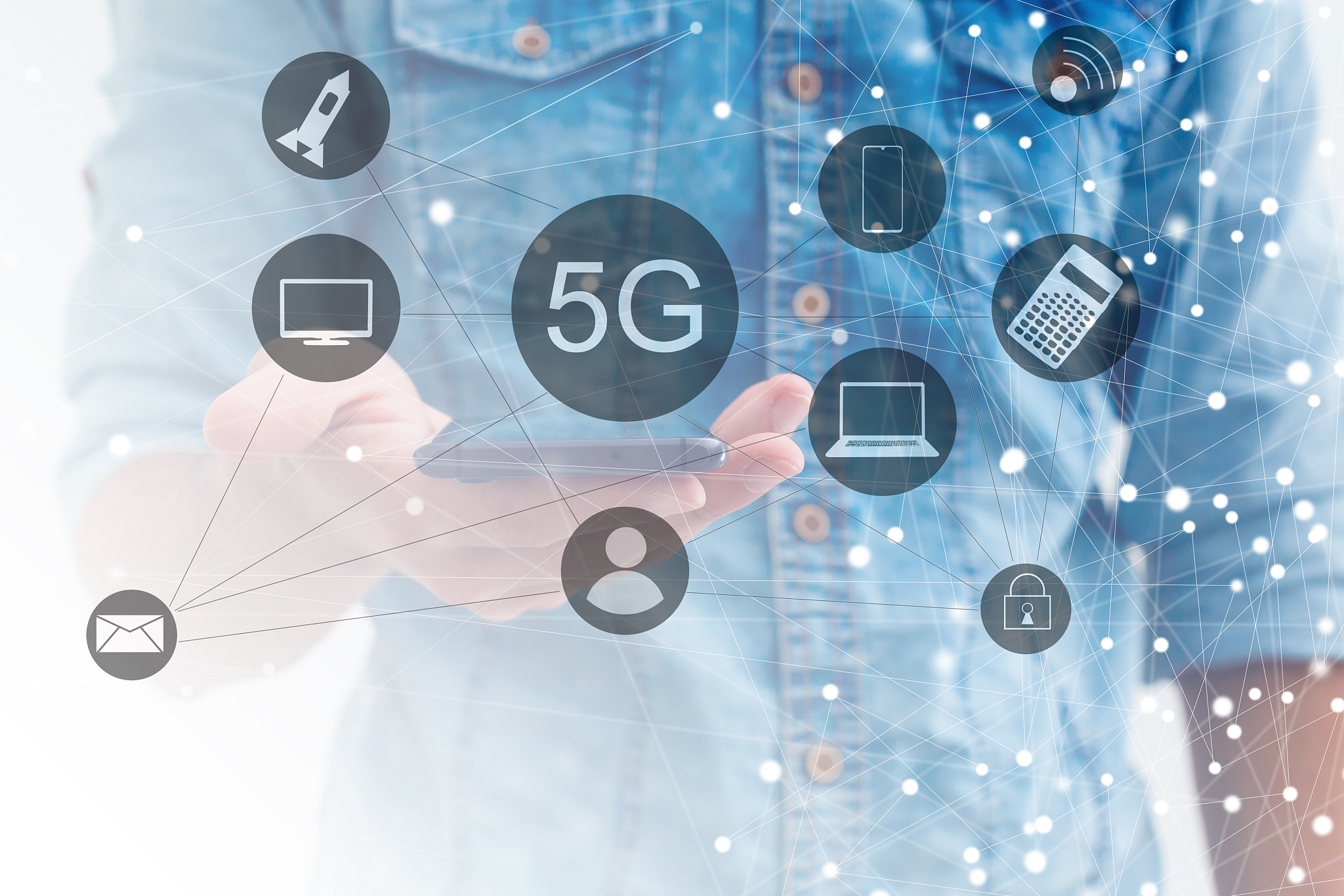 5g internet concept with businessman pressing buttons