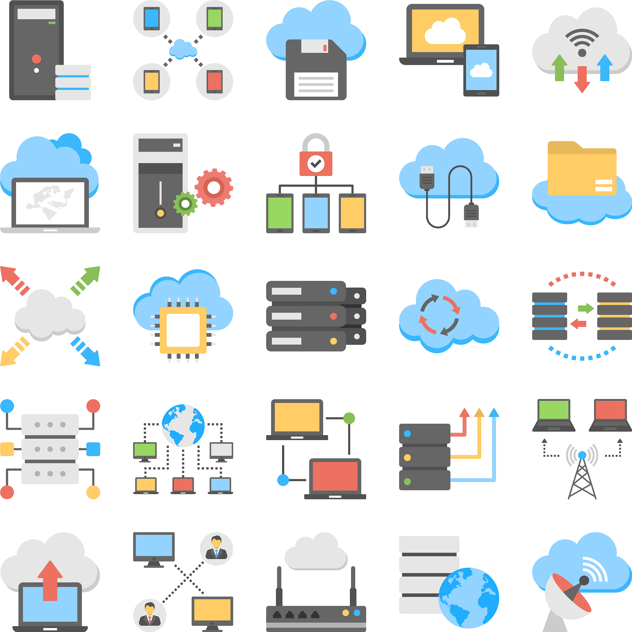 web hosting and cloud technology flat set