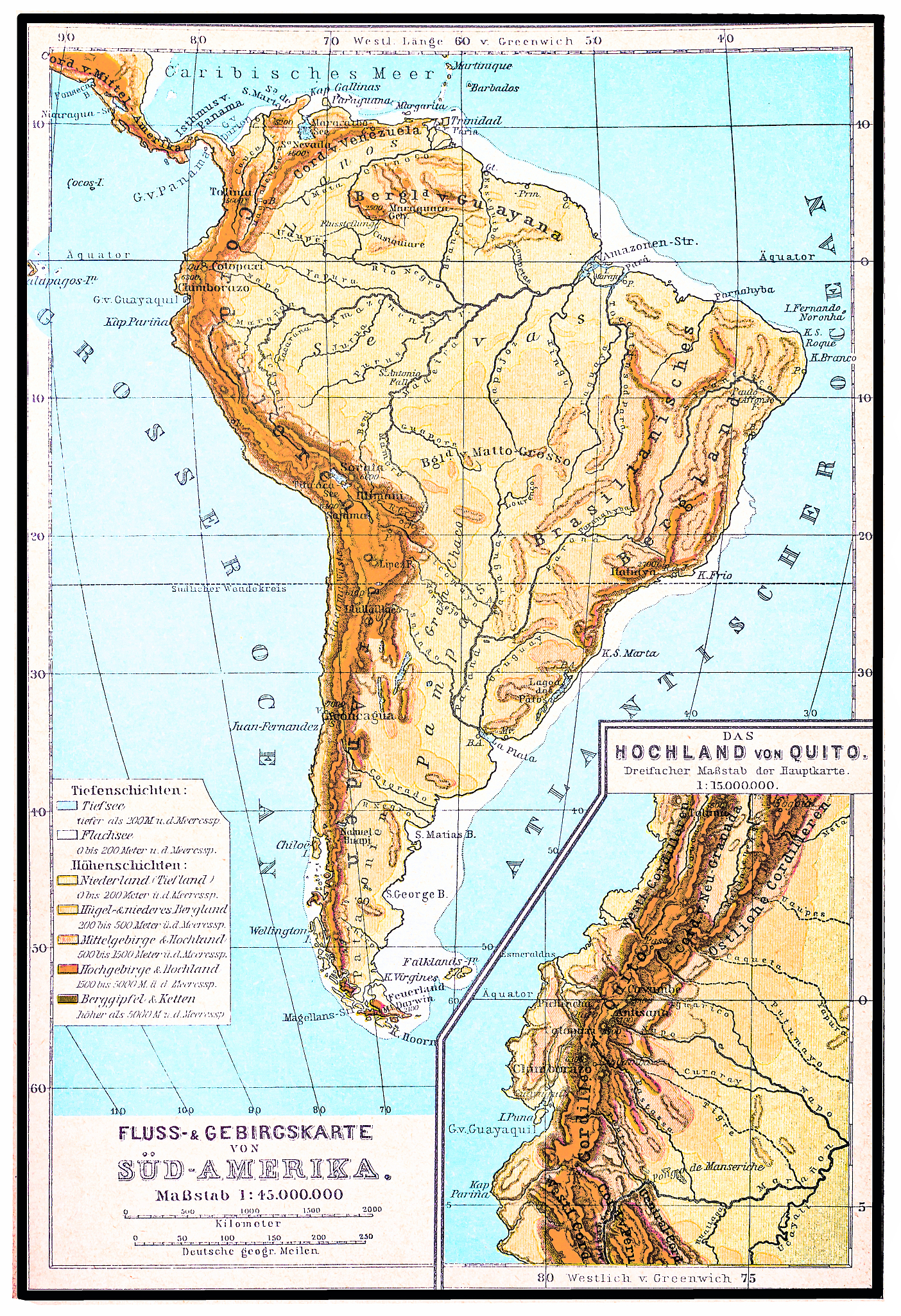 south america, river and mountains map