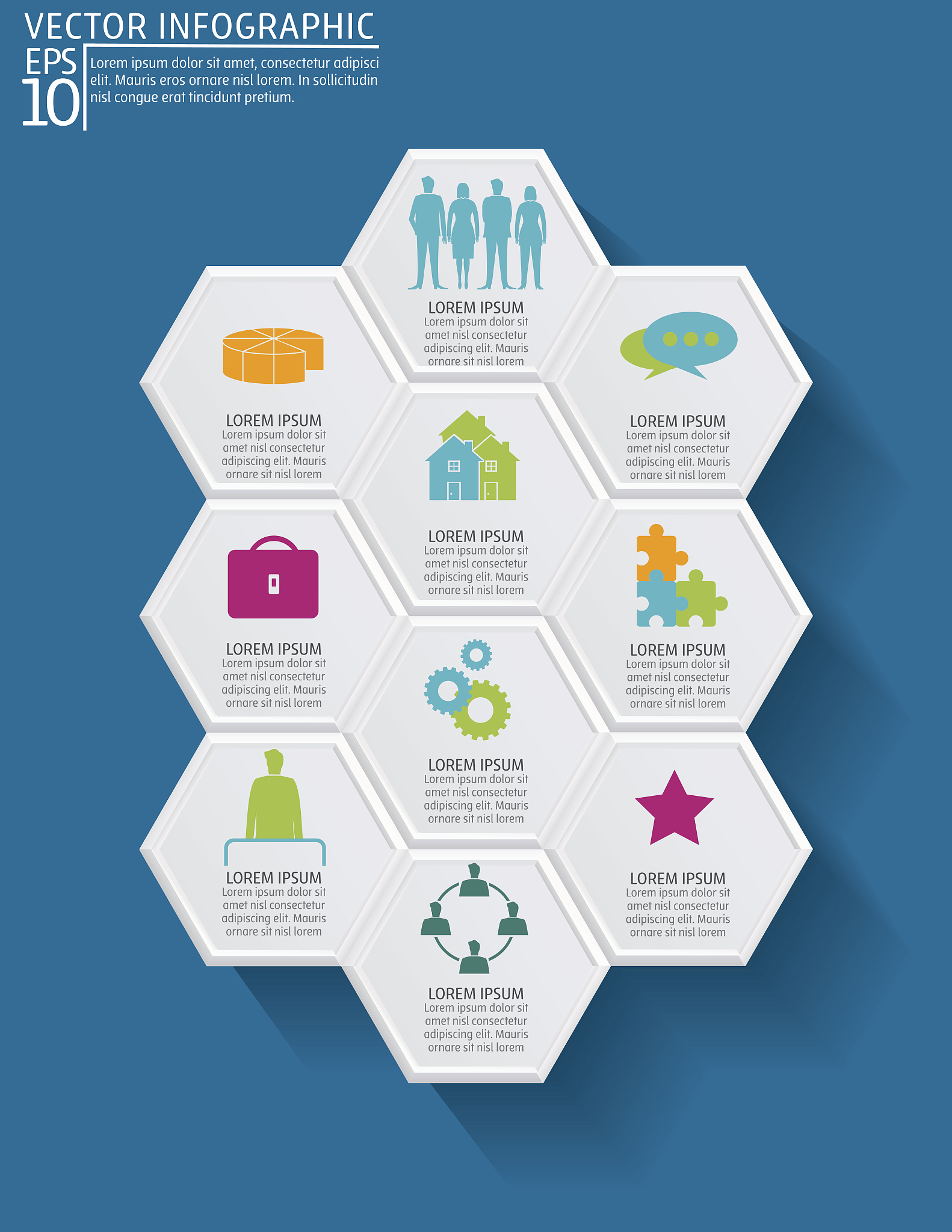 colourful geometric hexagon infographic on blue background