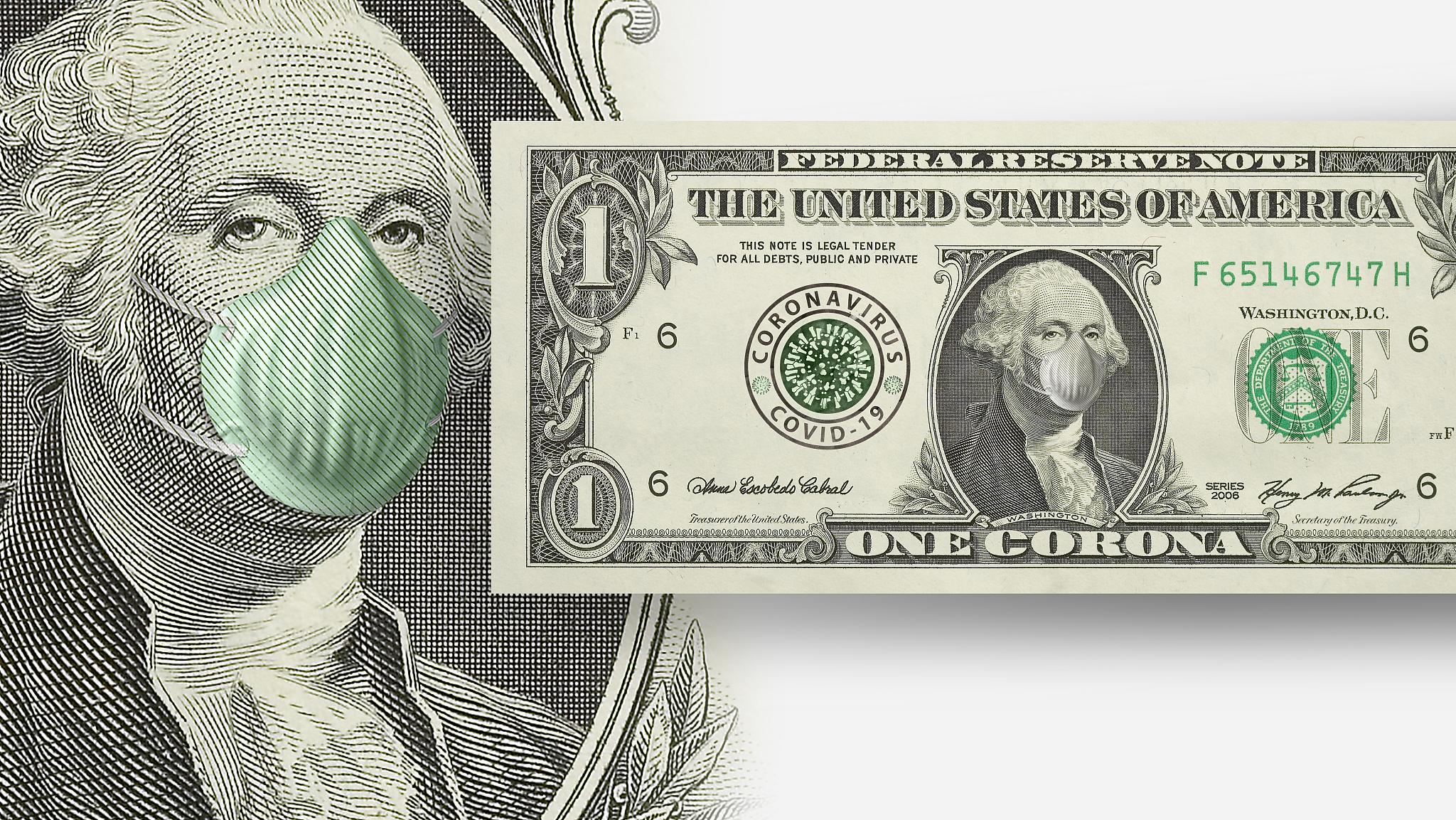 one dollar bill with mouthguard for covid-19 corona virus