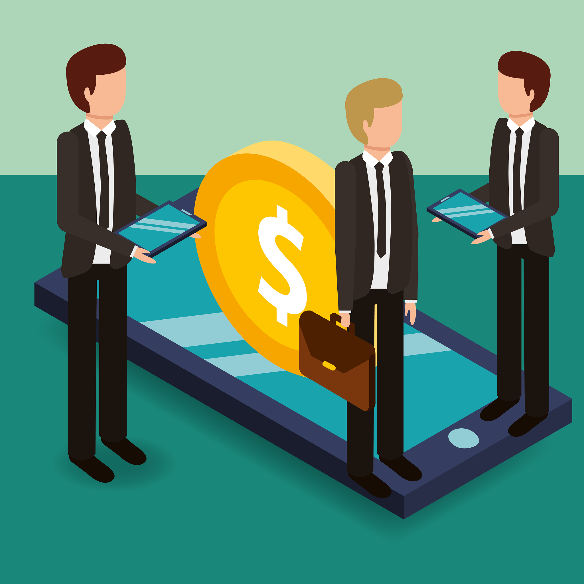 businessmen holding briefcase tablets and smartphone coin money 