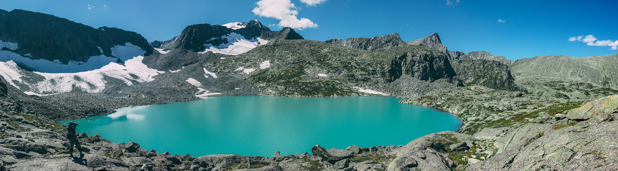 photographer takes picture of matte cyan strong lake