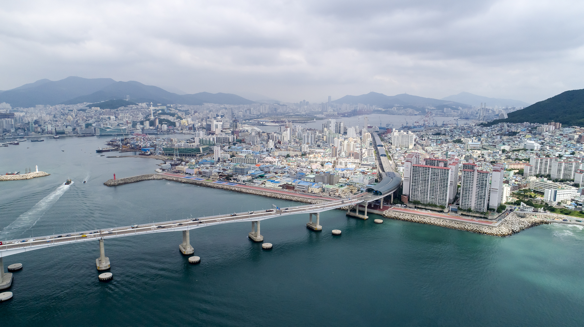 aerial view of sea and building exterior in busan, korea