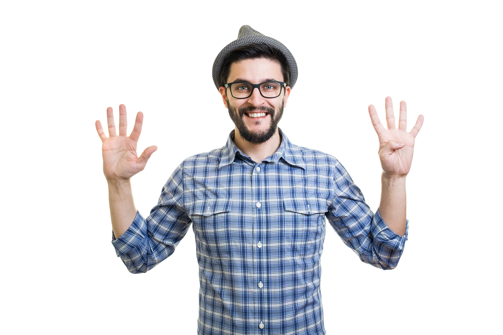 handsome young guy in eyeglasses and hat showing nine on hand