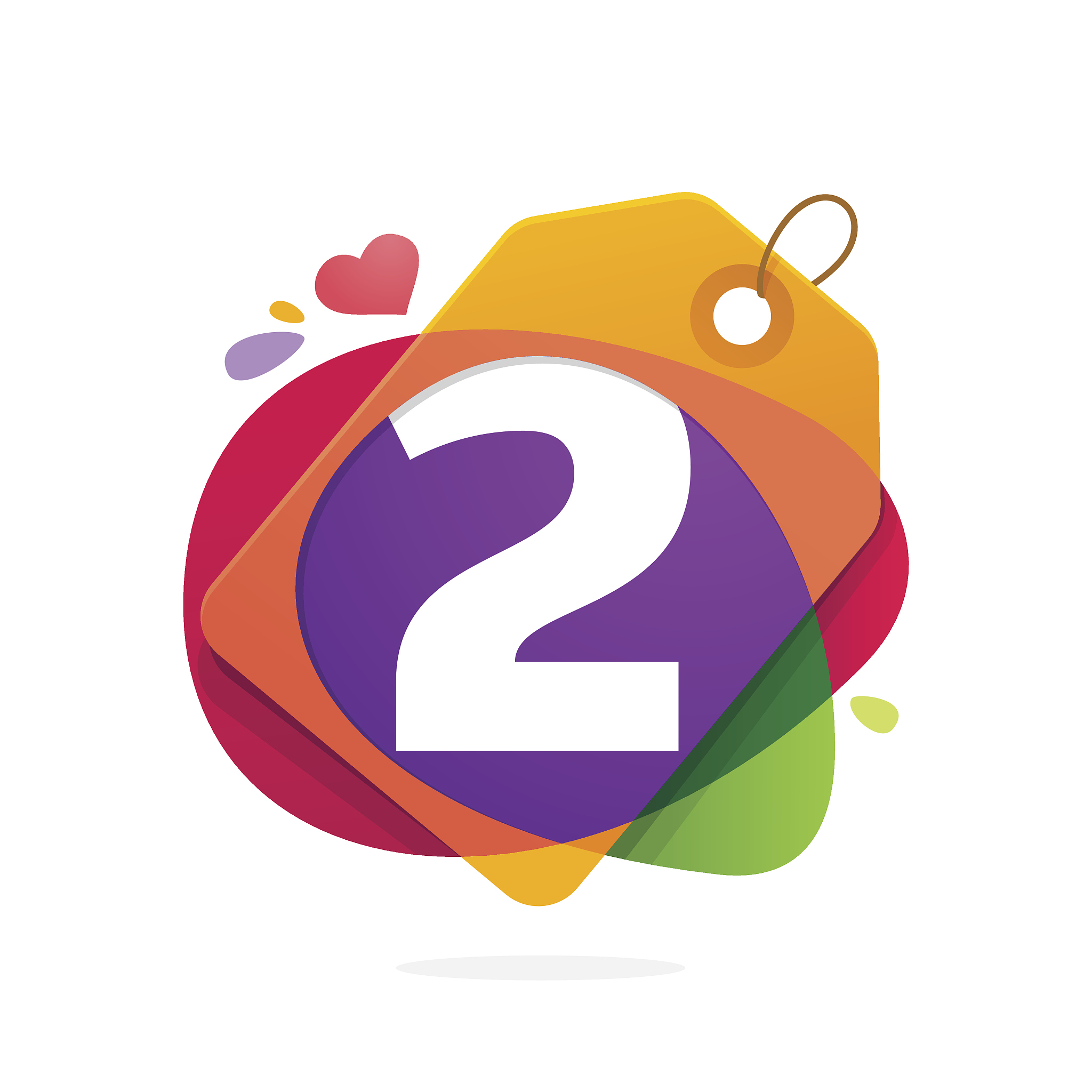 number two icon in sale tag, heart and splashes.