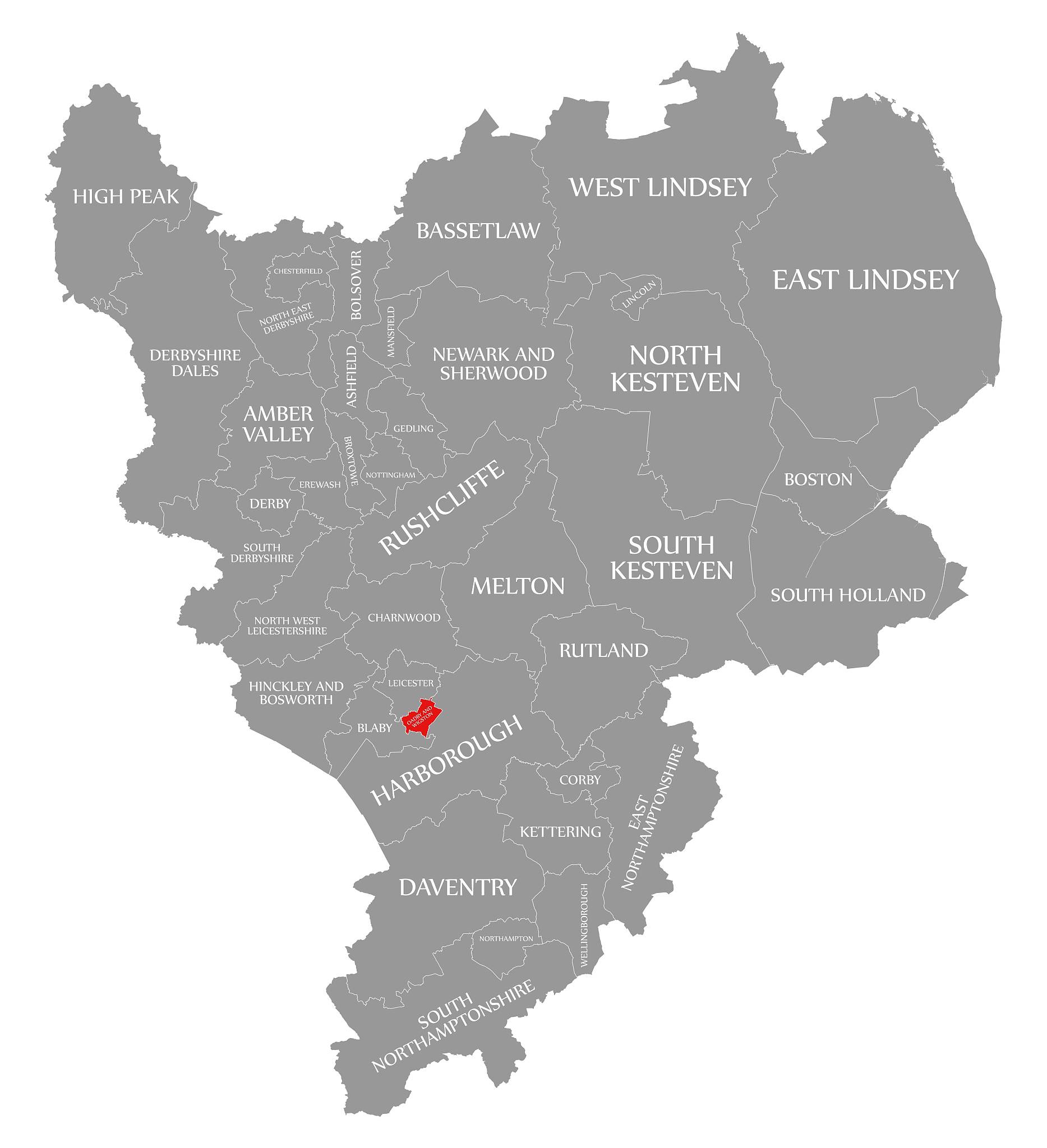oadby and wigston red highlighted in map of east midlands englan
