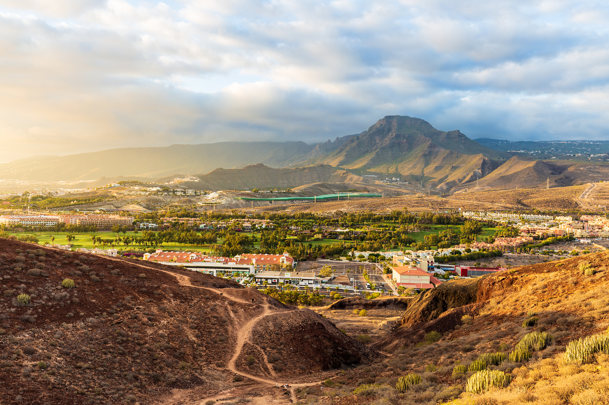 aerial view on adeje and las americas during wonderful sunset, t