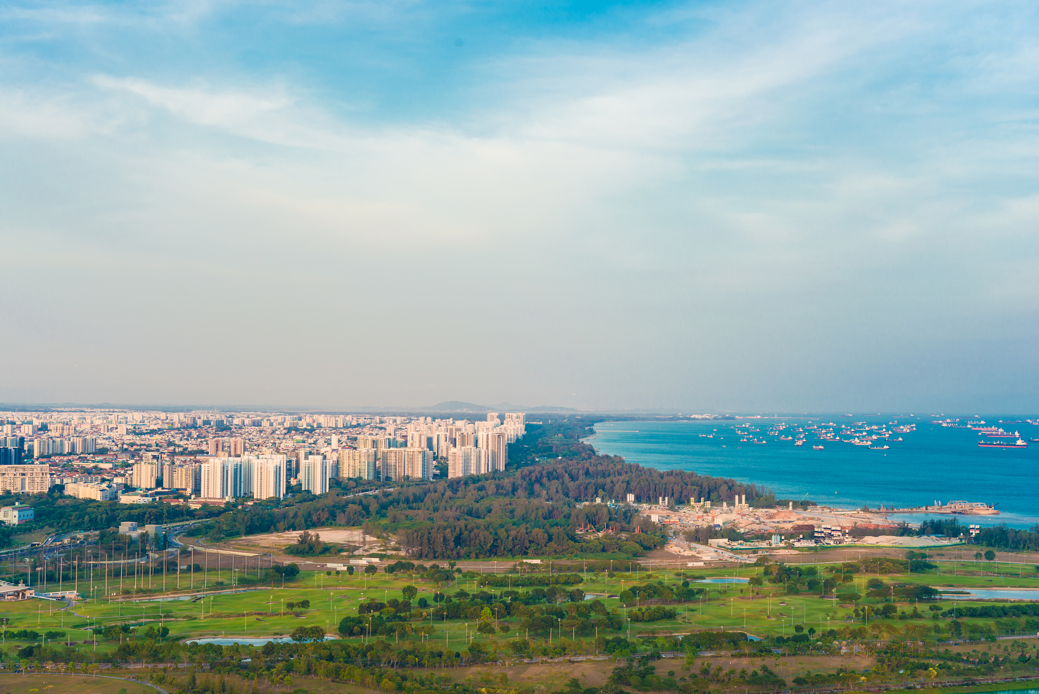 landscape from bird view of singapore skyline with city, over th