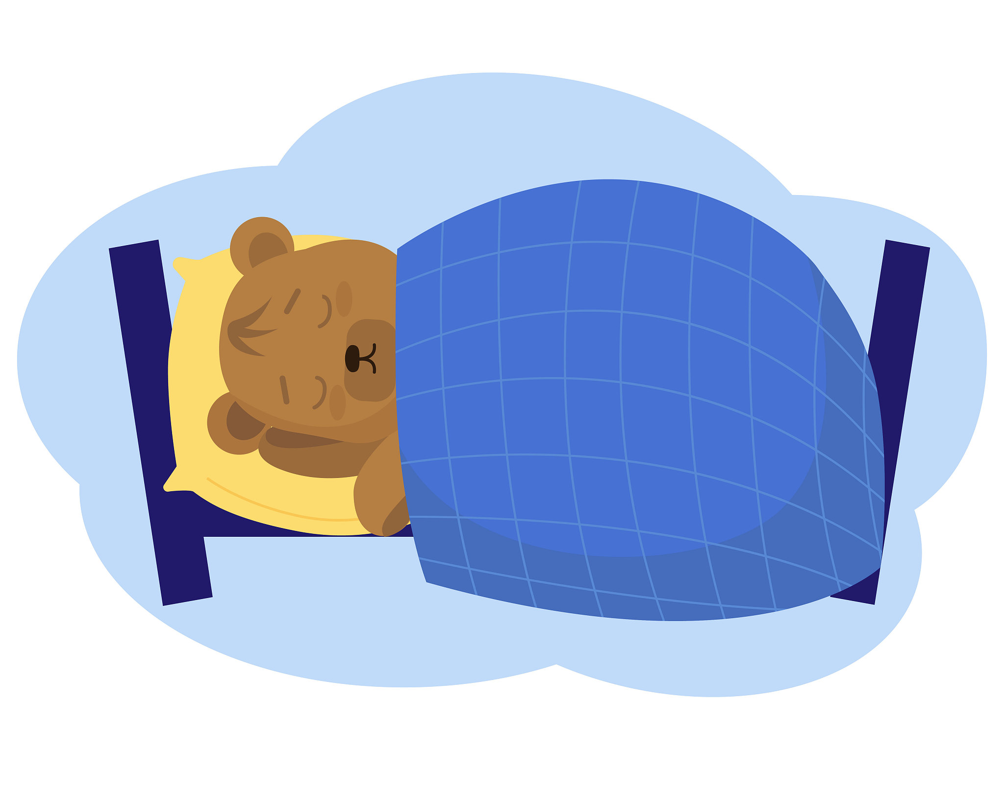 little bear sleeps on the bed. cute, funny cartoon character on 
