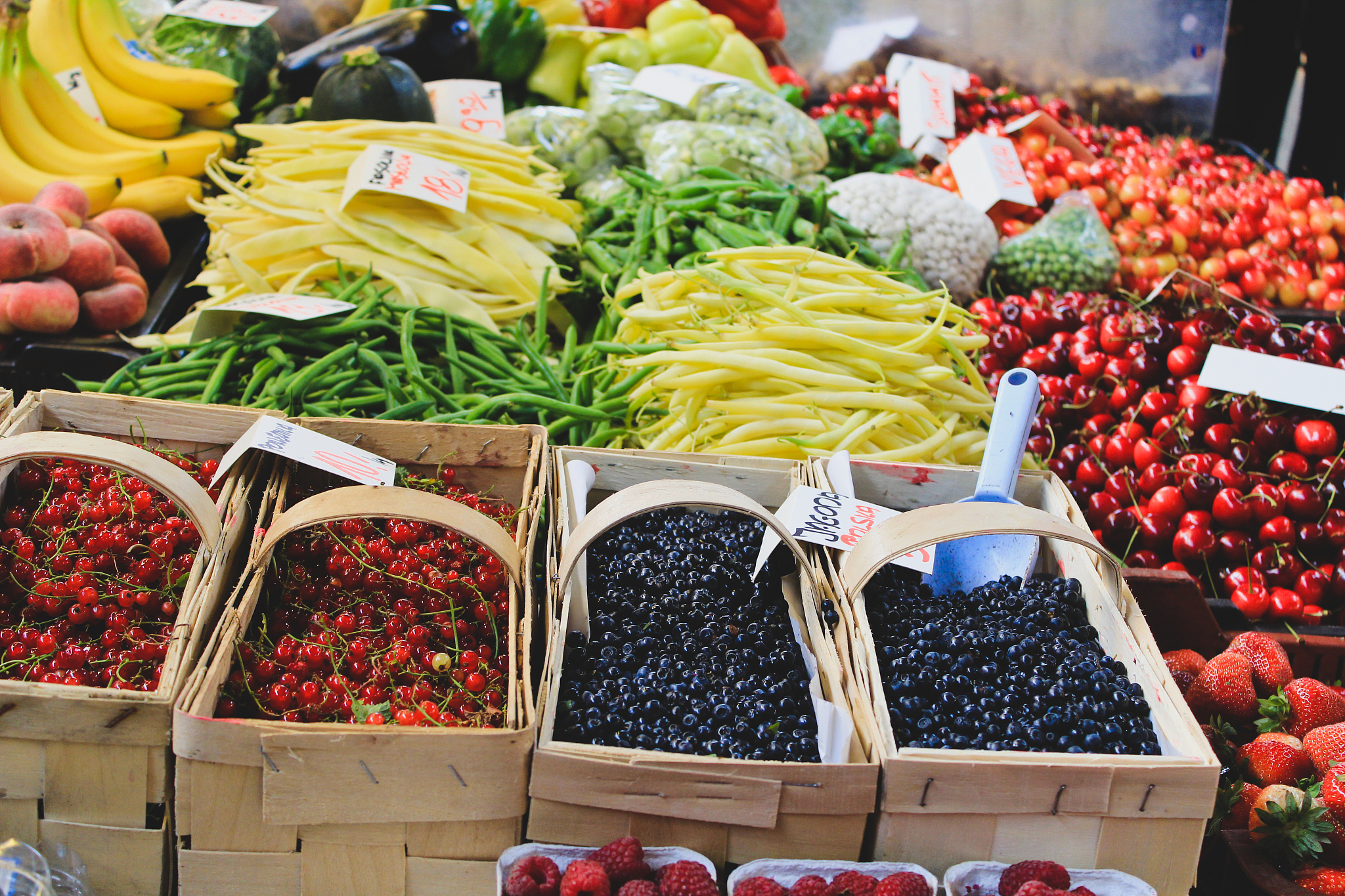 high angle view of fruits with vegetables for sale at market