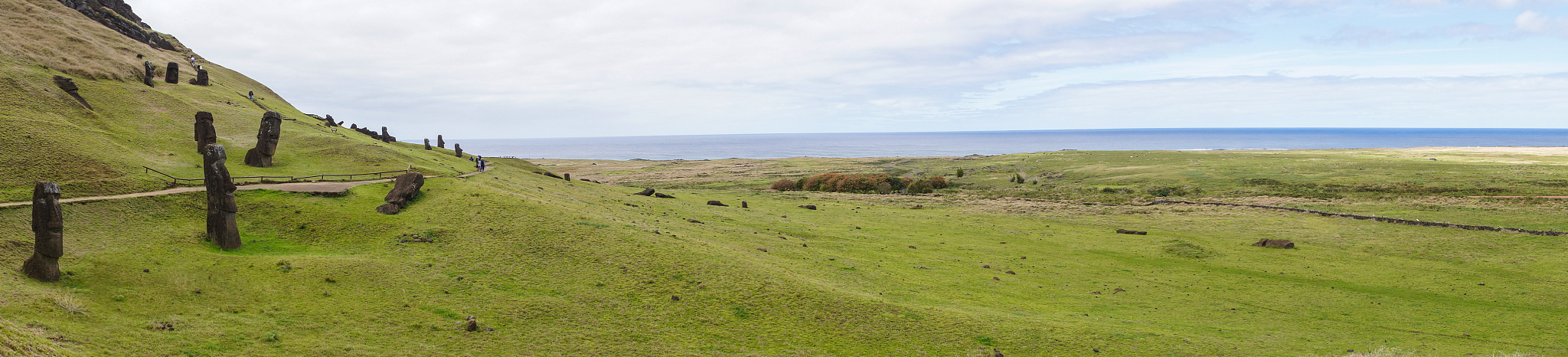 panoramic view of rano raraku and the sea, rapa nui