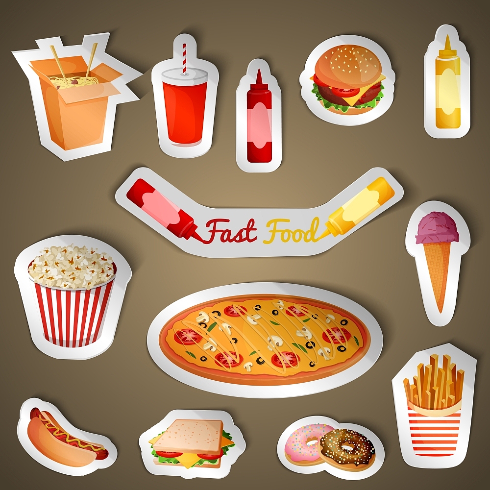 fast junk food stickers set of popcorn pizza icecream isolated v