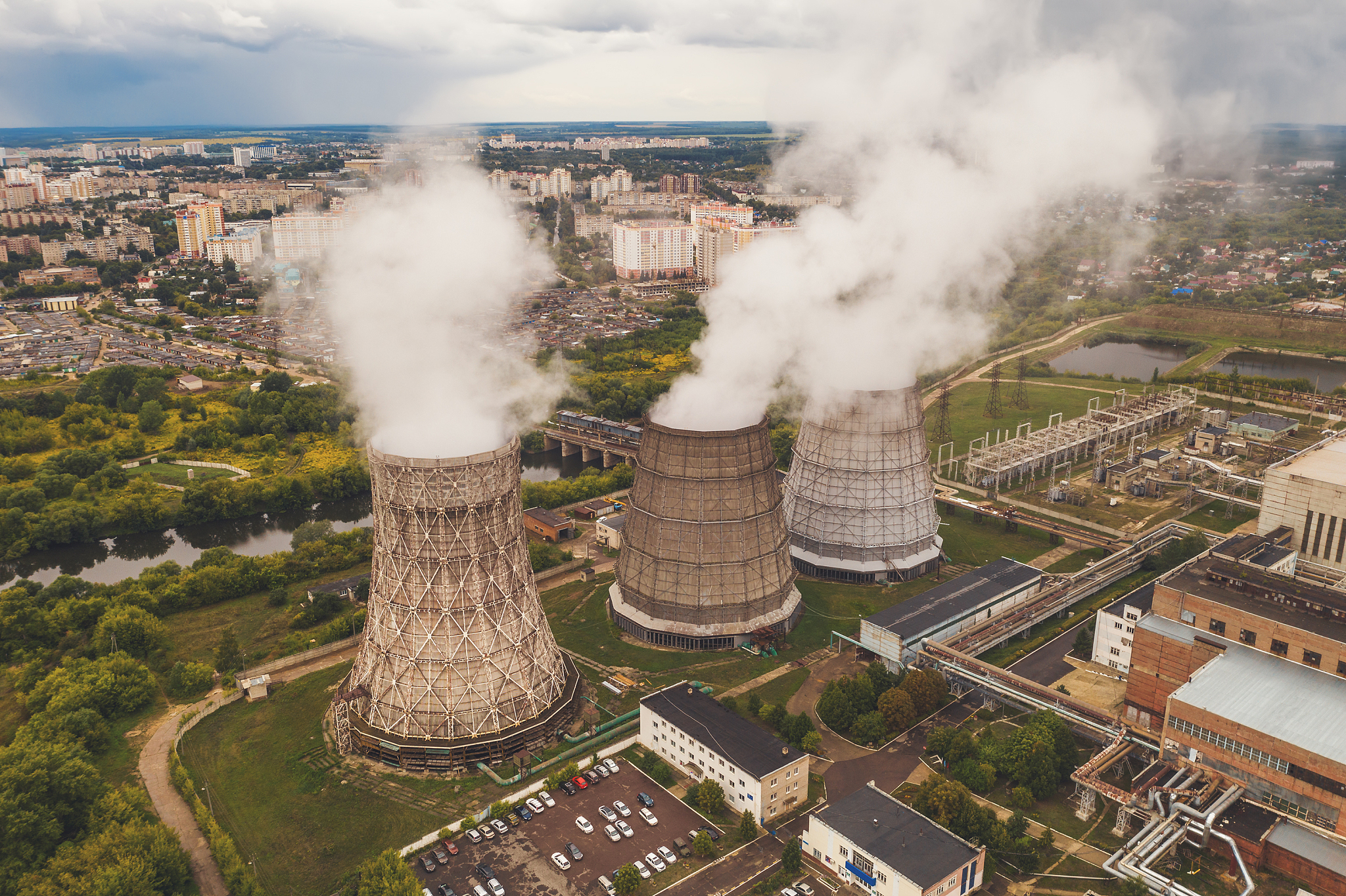 smoke from chimneys of thermal power plant or station, aerial vi