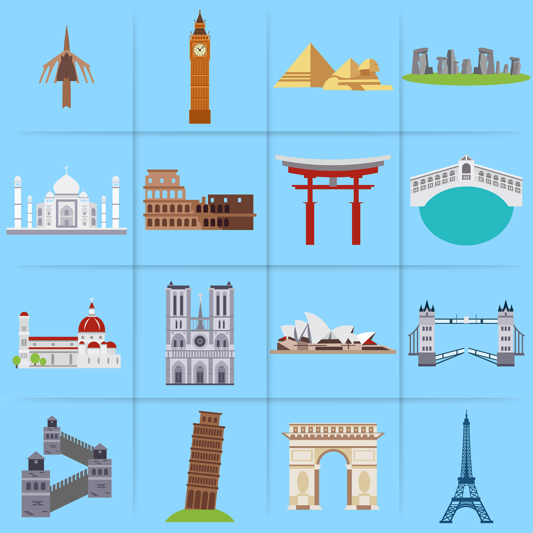 world famous landmarks icons set