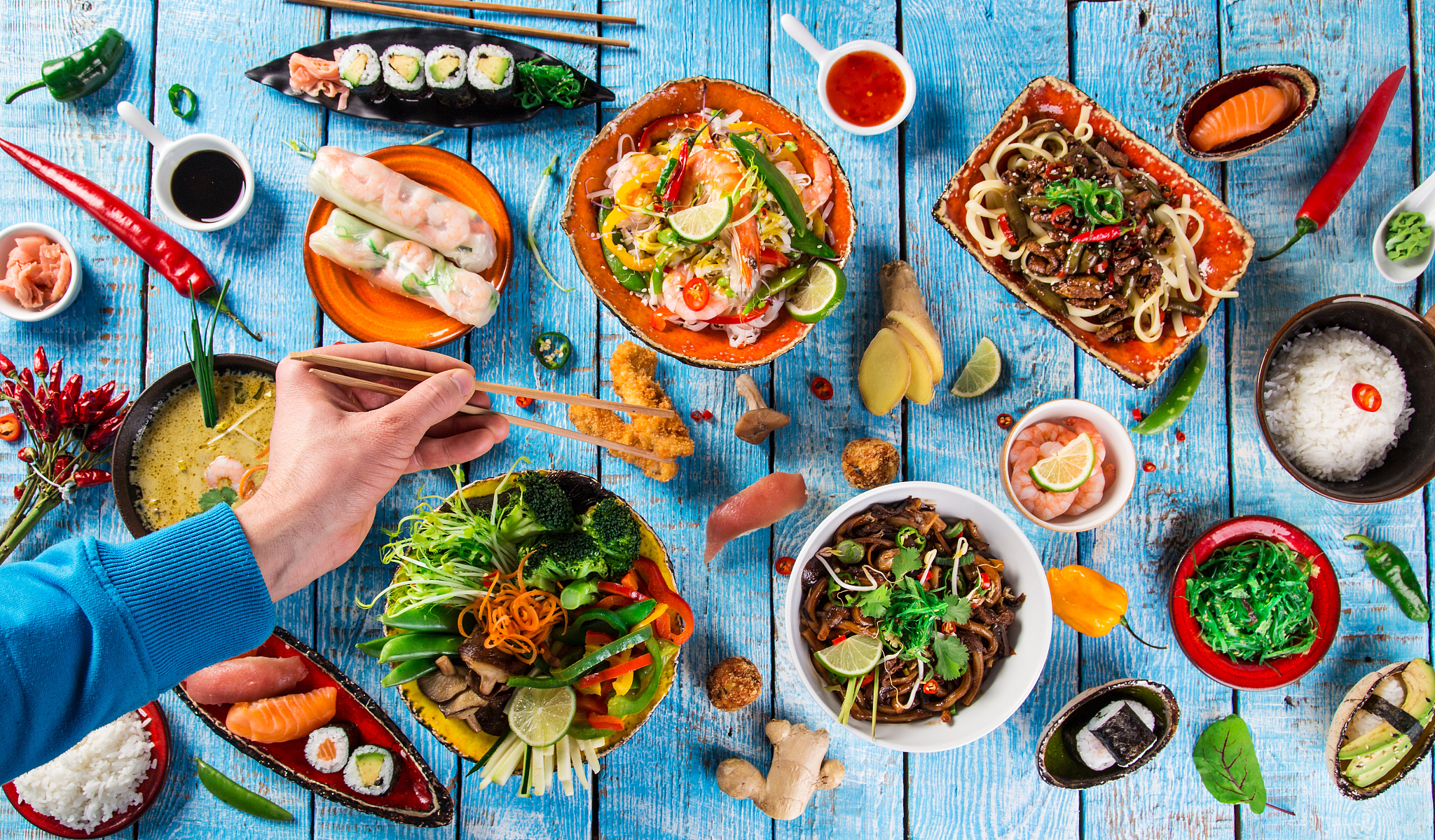 various of asian meals on rustic background , top view , place f