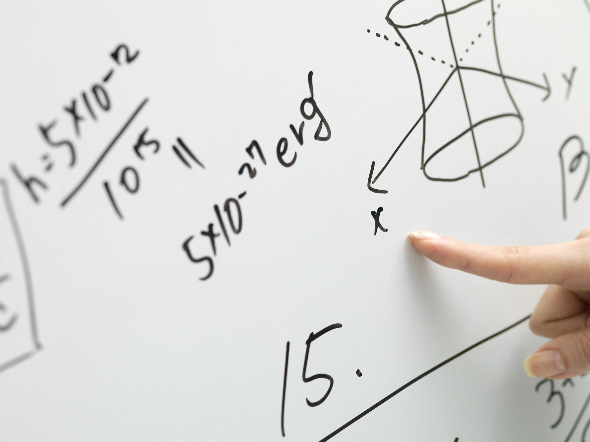 pointing at characters on the whiteboard.