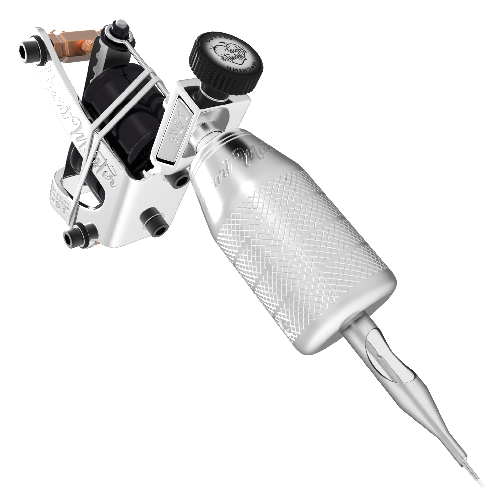 silver tattoo machine with gloss grip and needle closeup.