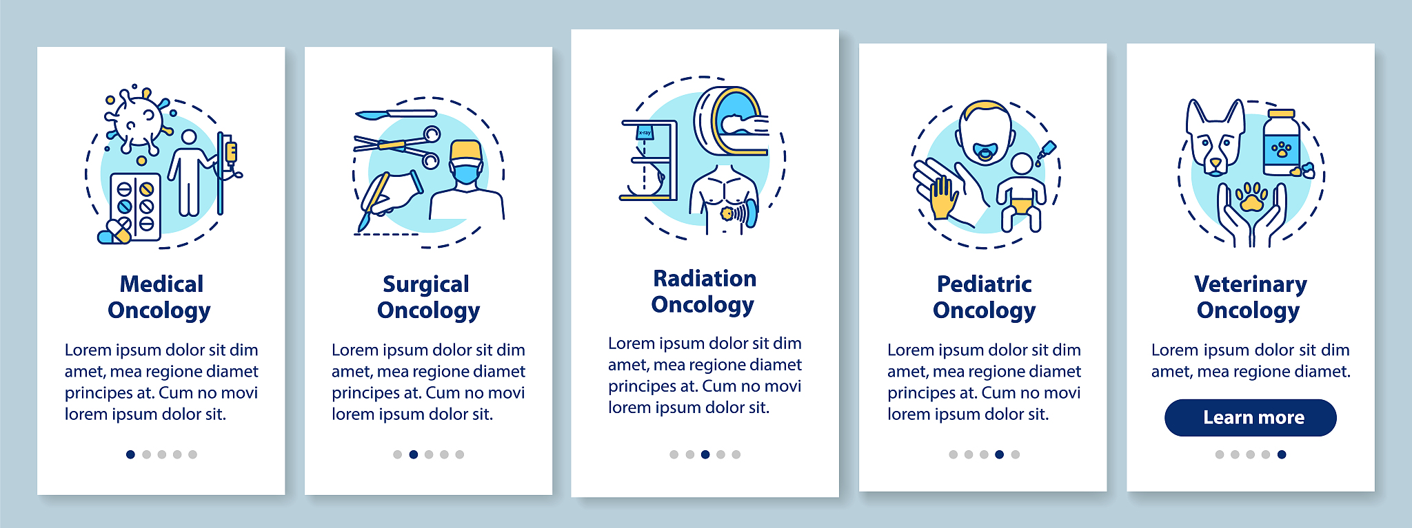 oncology onboarding mobile app page screen with concepts. cancer