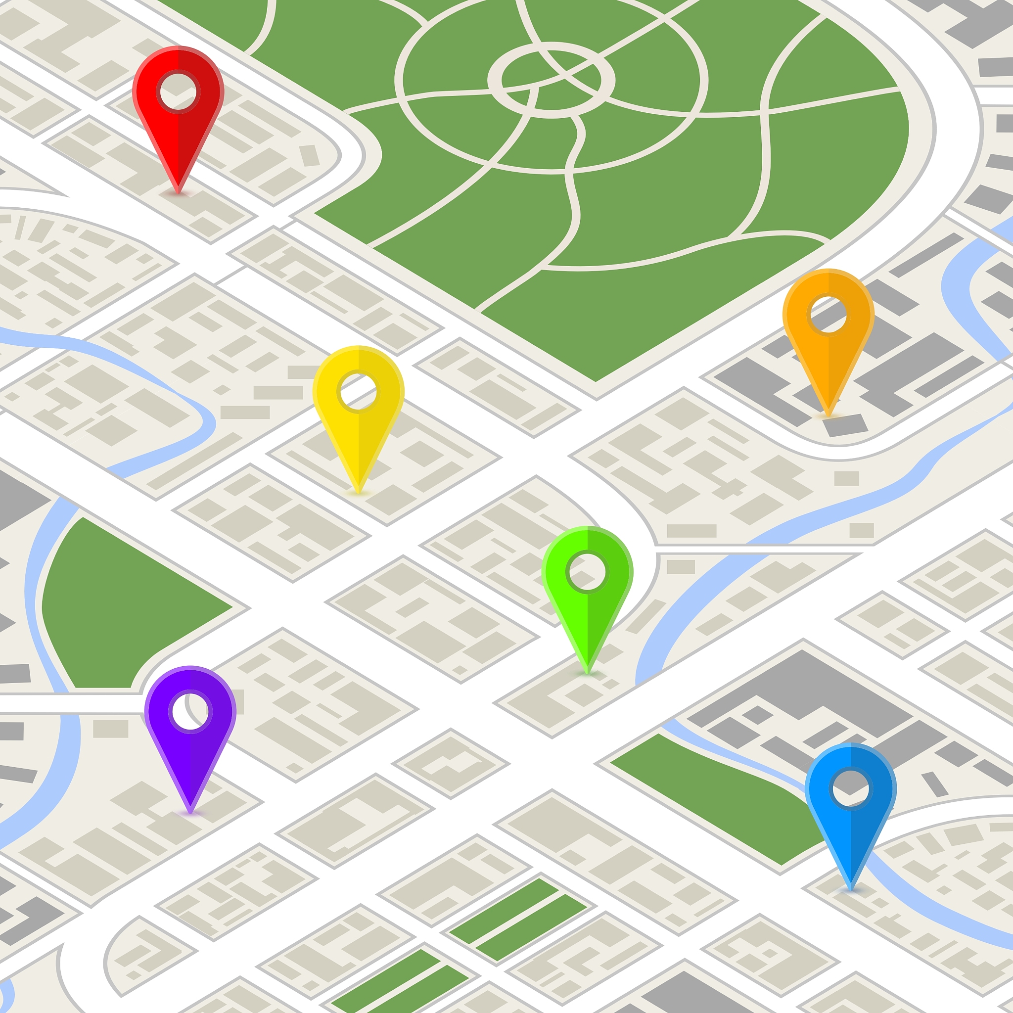 detailed city map in isometric view with colourful