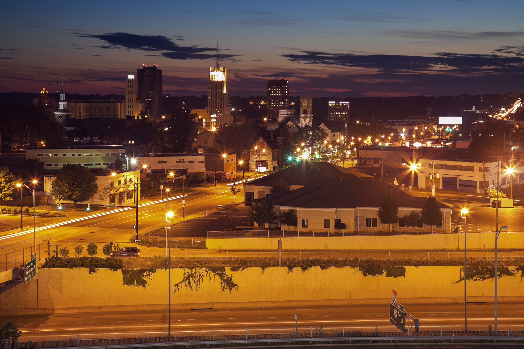 sunset in downtown akron