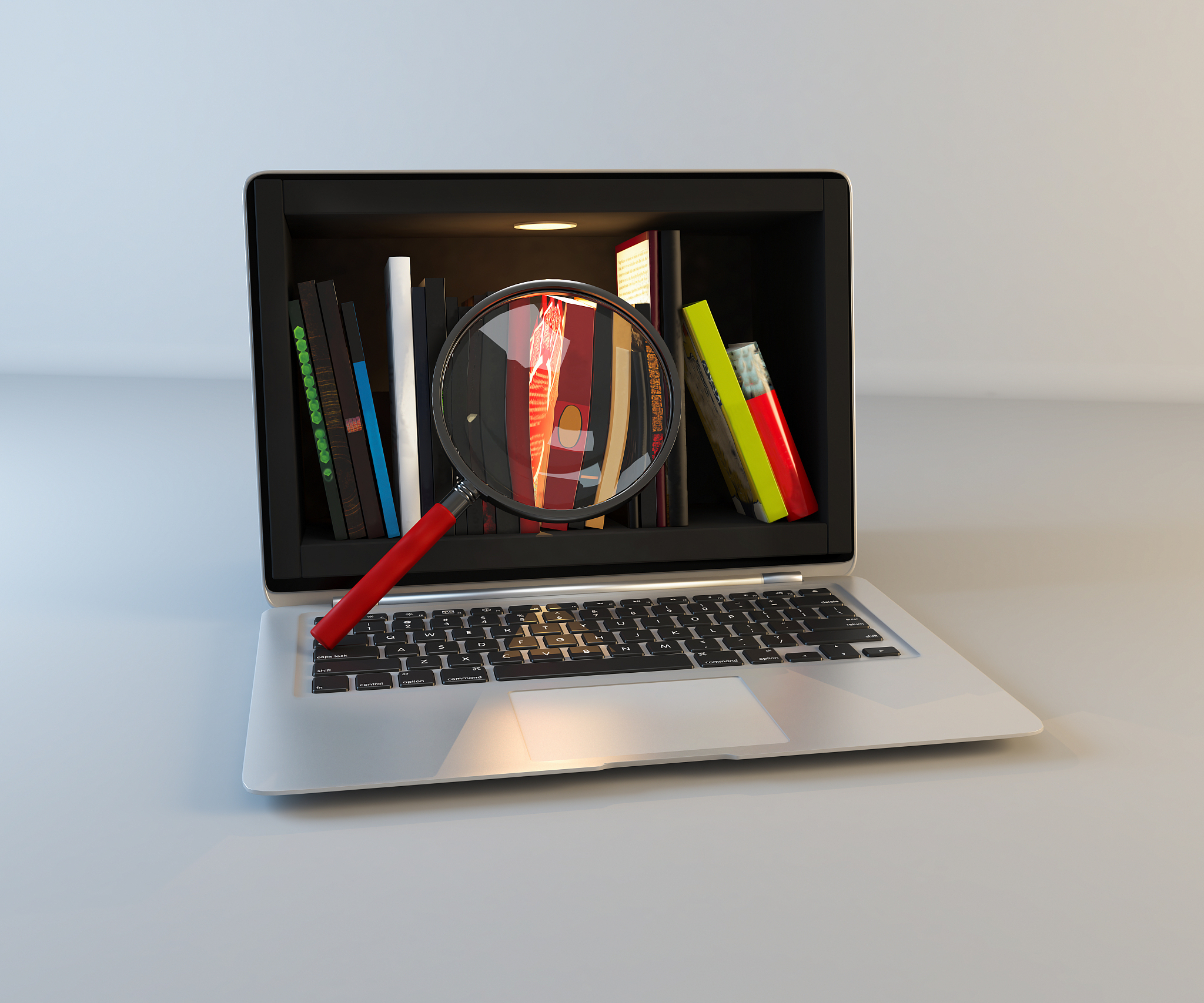 library in laptop screen realistic 3d rendering