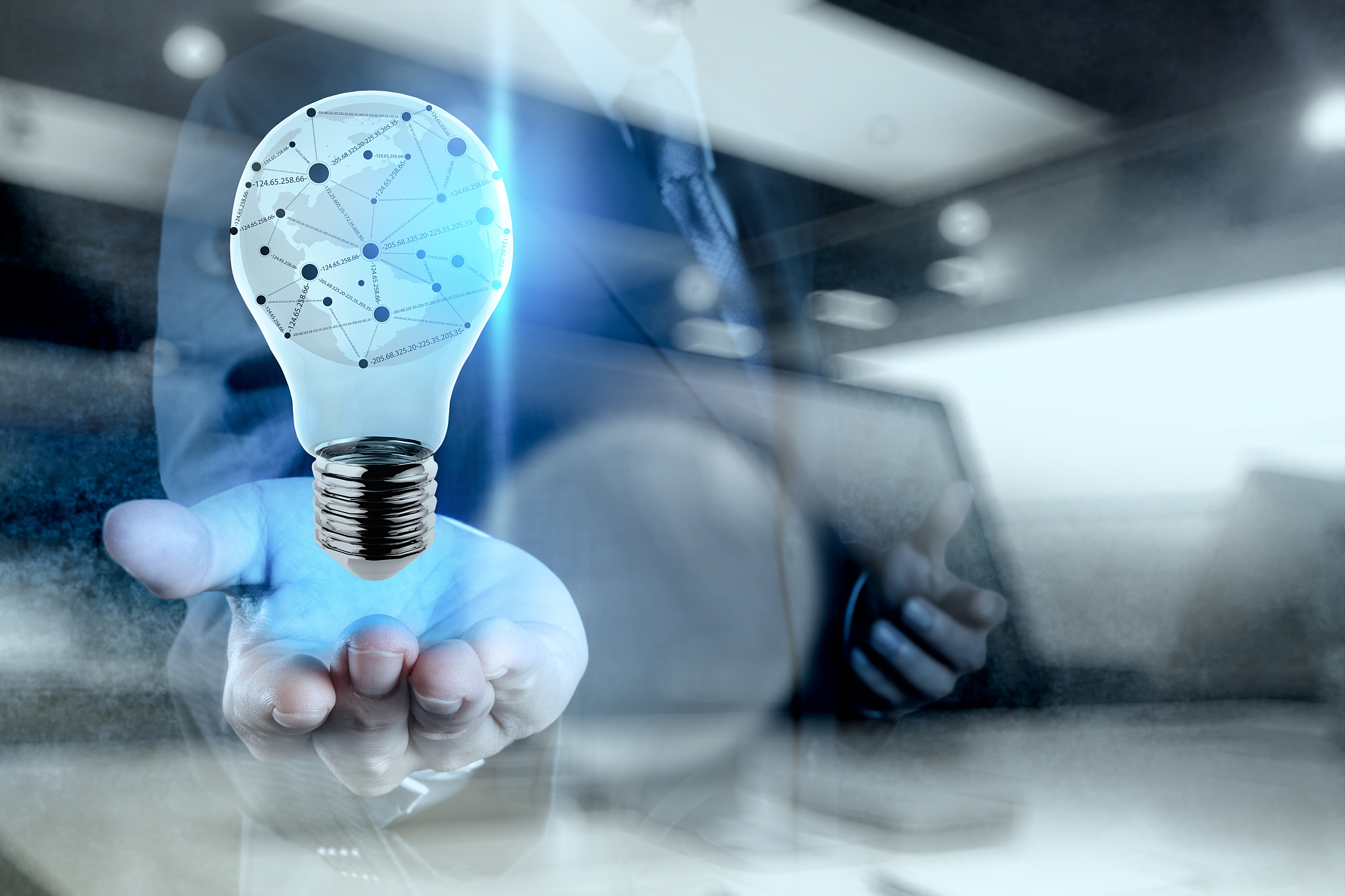 double exposure of businessman working with new modern computer